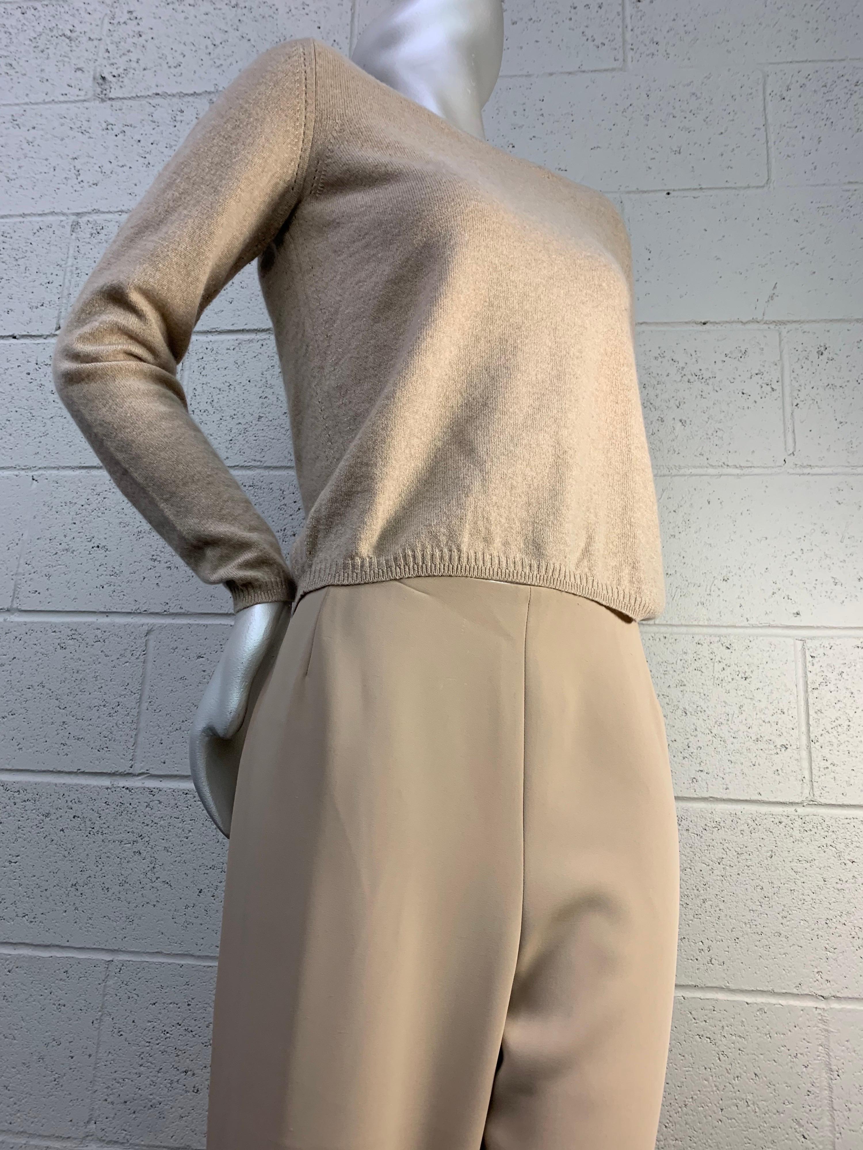 2000 Chanel Resort Collection wide-leg flat-front camel-color trouser. Ensemble includes Oscar de La Renta cashmere pullover sweater in coordinating tone. Trousers size EU 44. Sweater size Medium. Both pieces are new, never worn. 