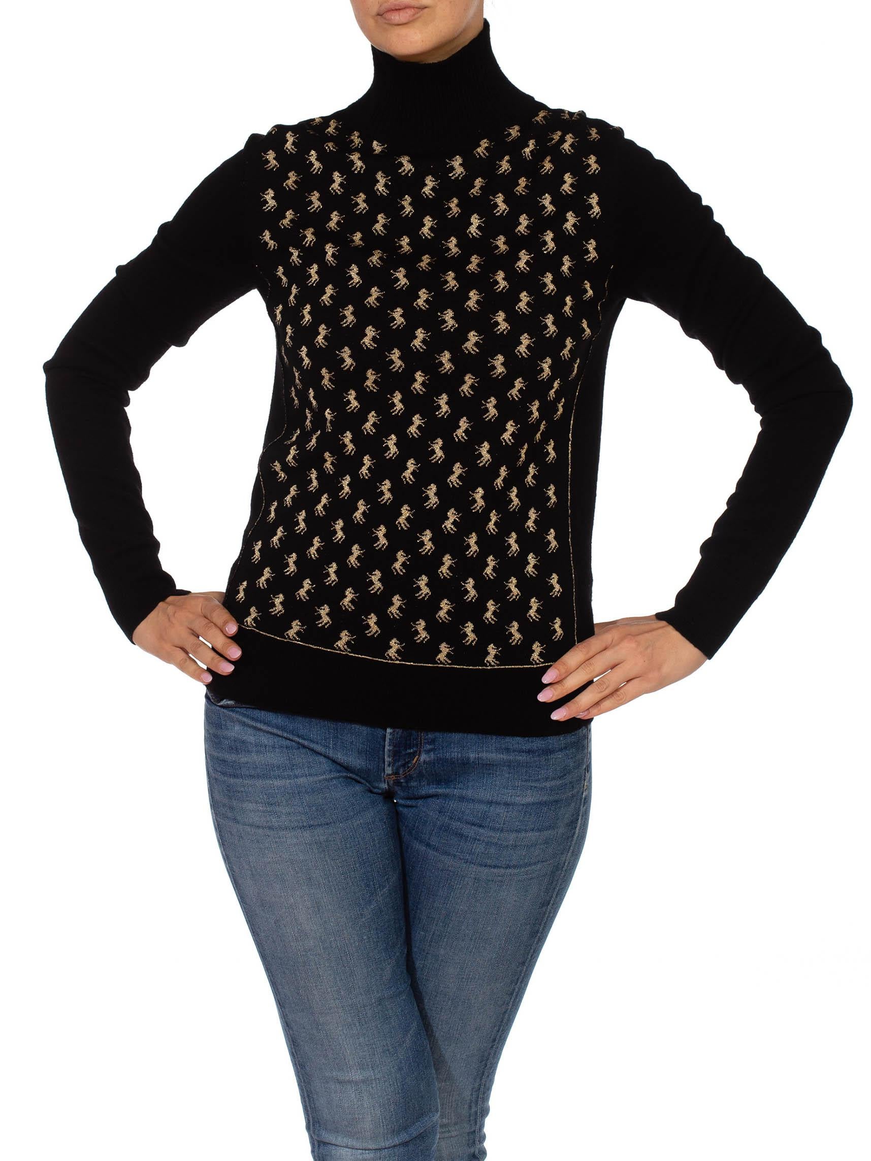 2000S CHLOE Black & Gold Wool/Lurex Knit Horse Jacquard Sweater In Excellent Condition In New York, NY