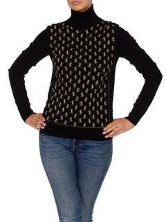 2000S CHLOE Black & Gold Wool/Lurex Knit Horse Jacquard Sweater