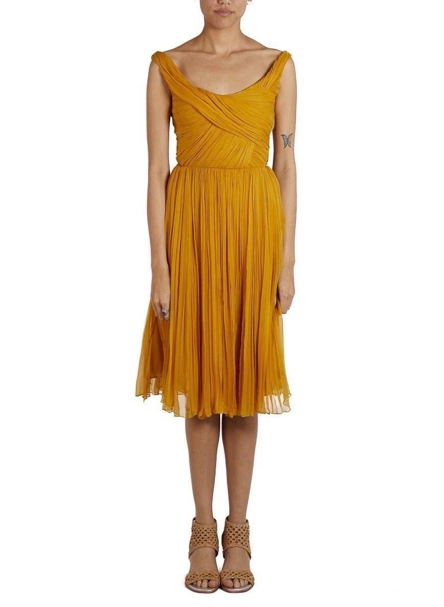 2000S CHLOE Golden Yellow Silk Chiffon Pleated 50S Style Dress In Excellent Condition For Sale In New York, NY