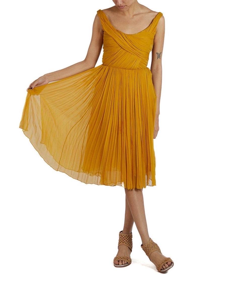 2000S CHLOE Golden Yellow Silk Chiffon Pleated 50S Style Dress For Sale 3