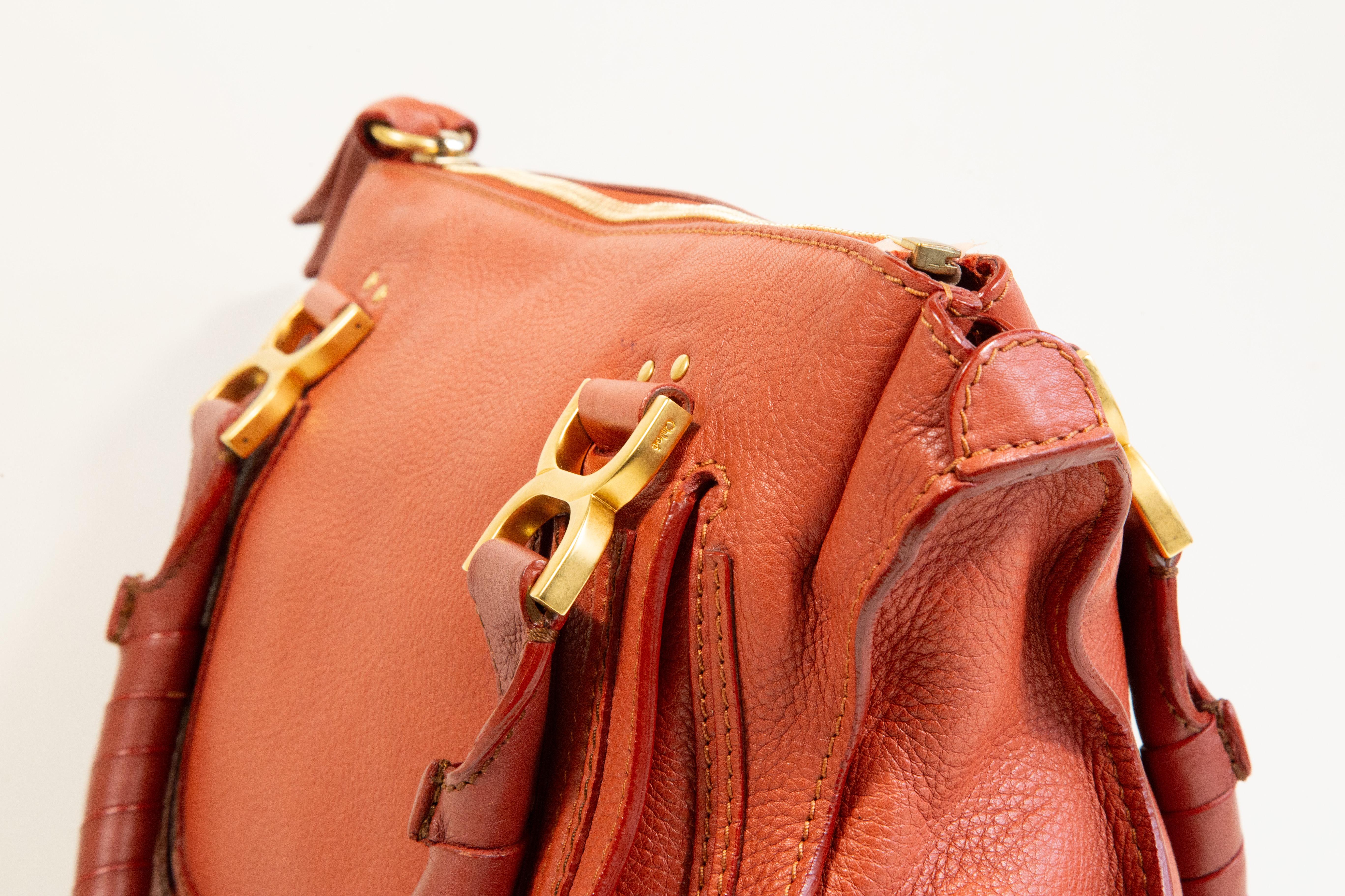 2000s Chloe Marcie Shoulder Bag/Top Handle Bag in Red/Orange Leather For Sale 7
