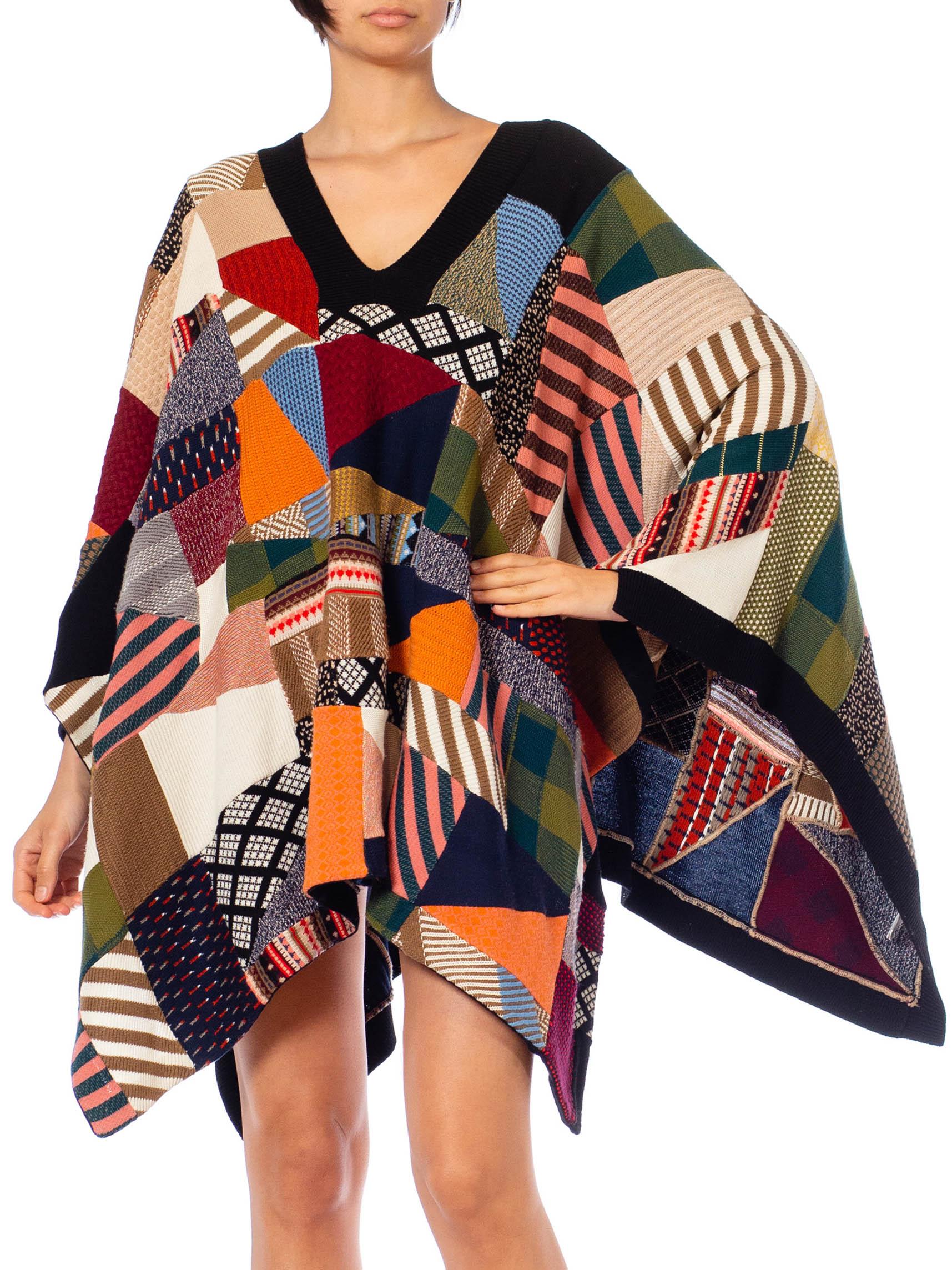 Brown 2000S Chloe Multicolor Wool Blend Knit Patchwork Quilt Poncho For Sale
