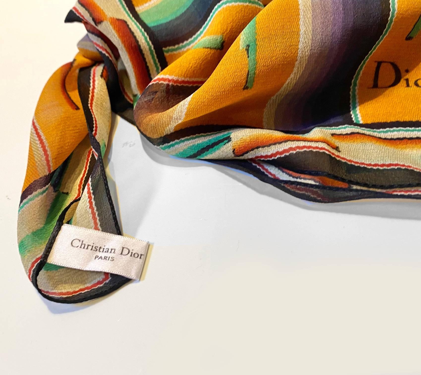 Women's or Men's 2000s Christian Dior Aztec Tribal Multicolor Crepe Silk Scarf 