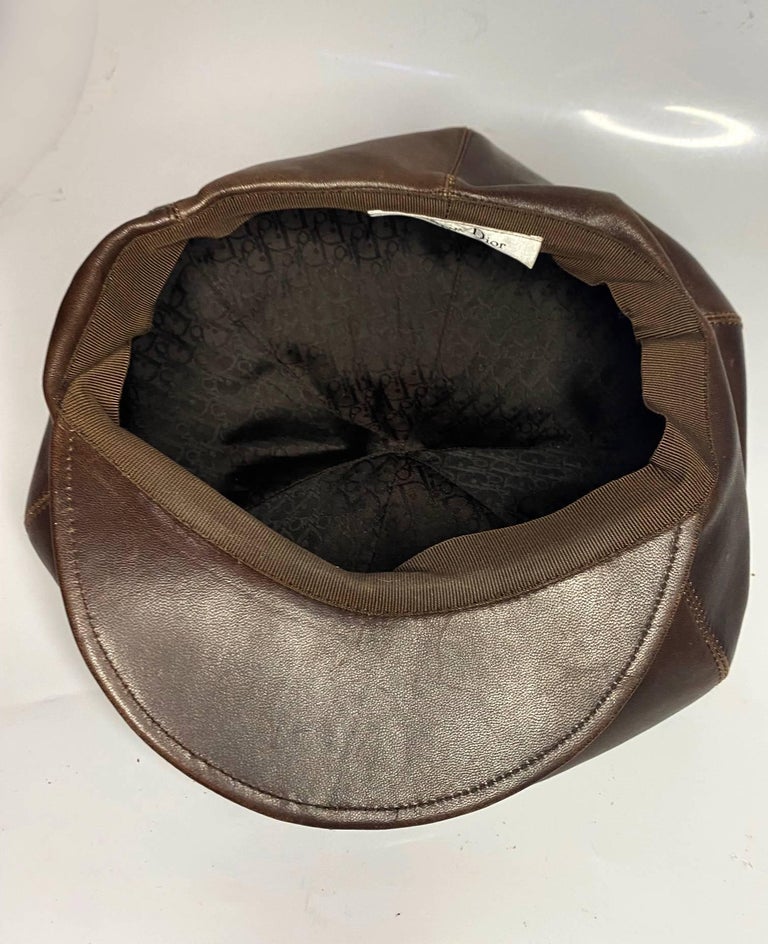 2000s Christian Dior Brown Leather Newsboy Flat Cap For Sale at 1stDibs