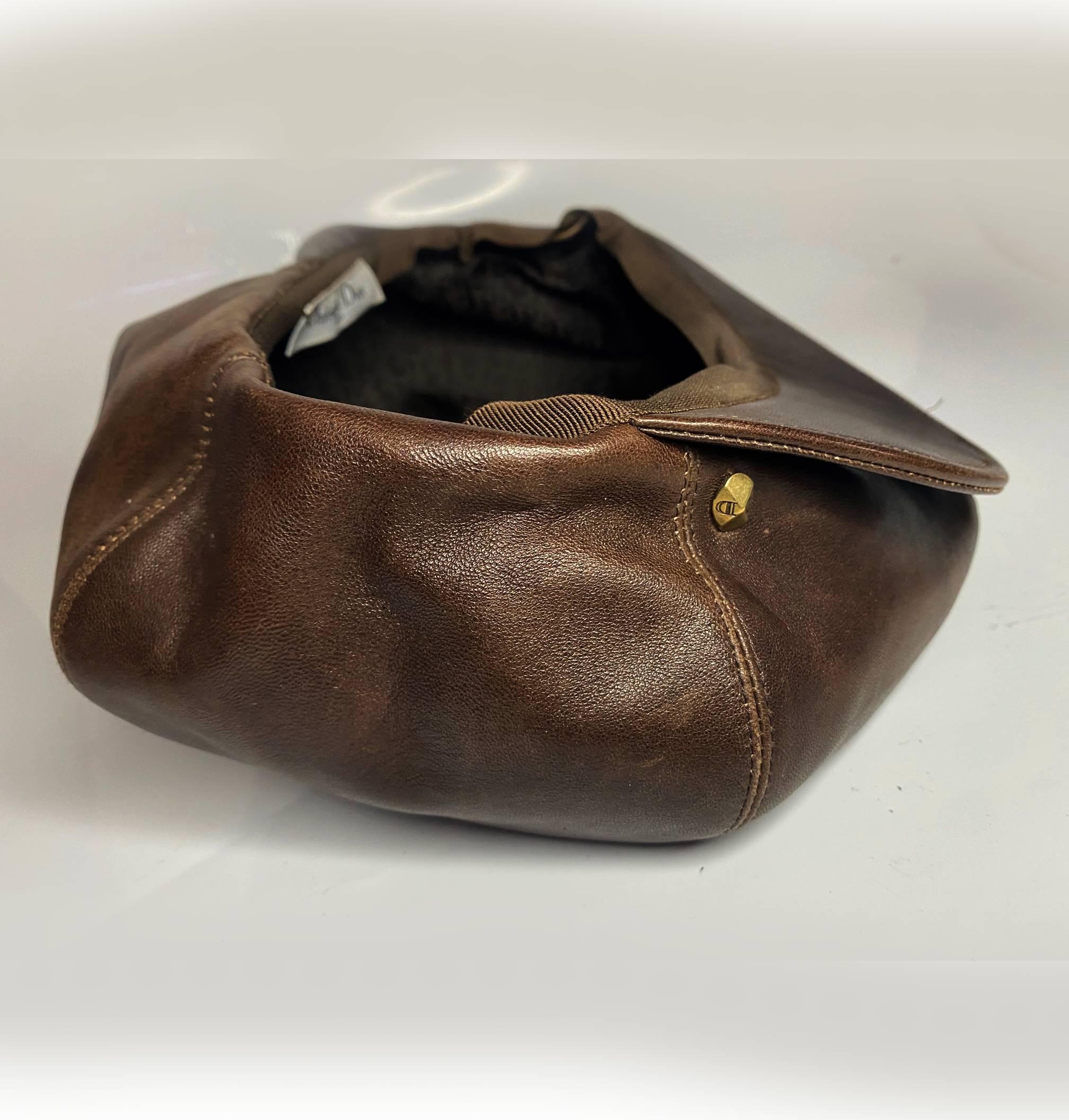 2000s Christian Dior Brown Leather Flat Cap 1