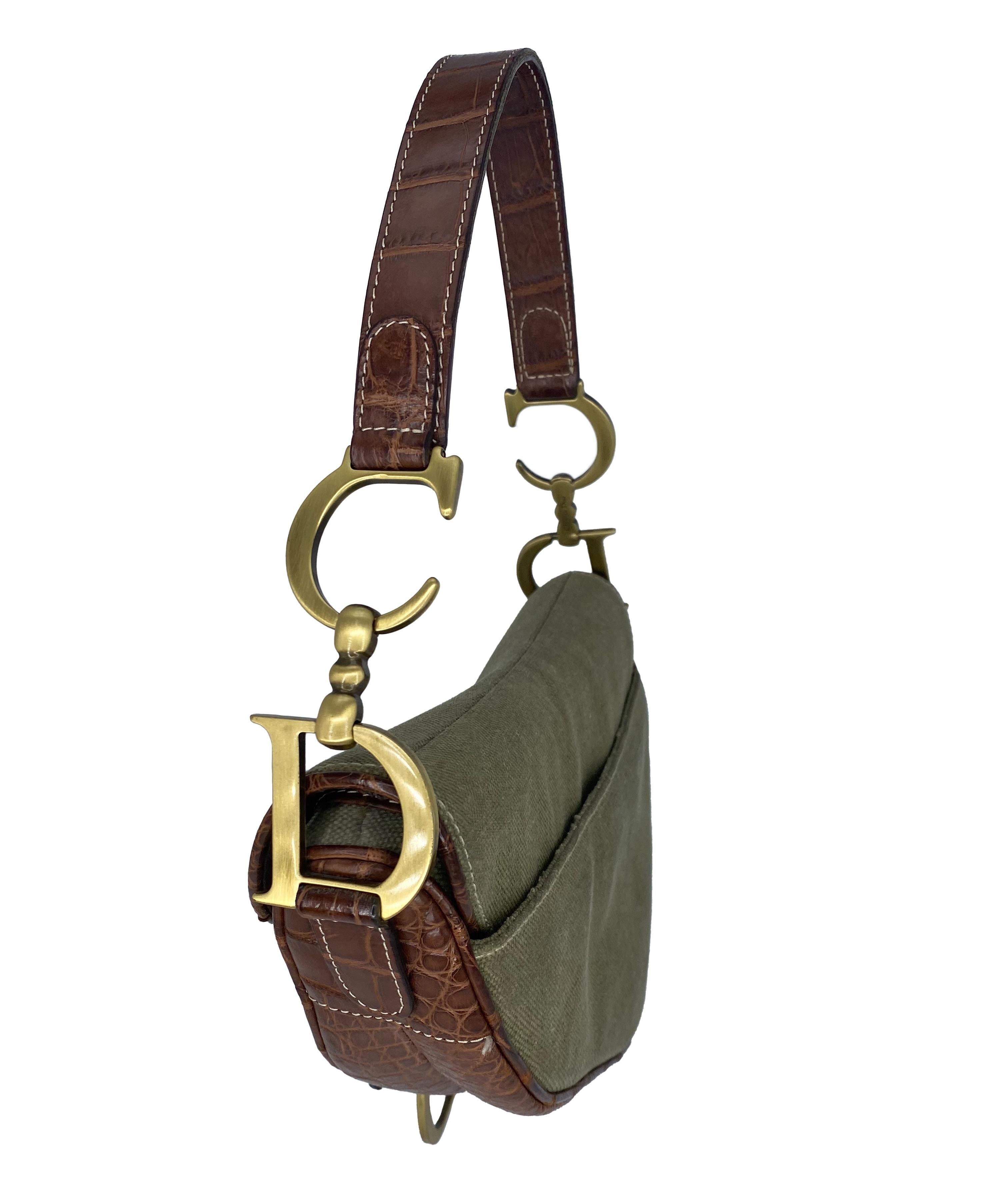 S/S 2003 Christian Dior by John Galliano Brown Croc Green Canvas Saddle Bag In Excellent Condition In West Hollywood, CA