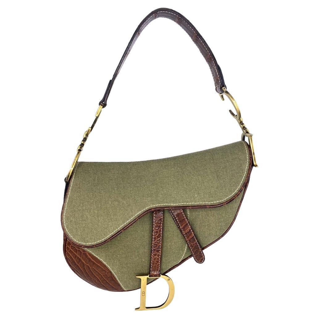 S/S 2003 Christian Dior by John Galliano Brown Croc Green Canvas Saddle Bag