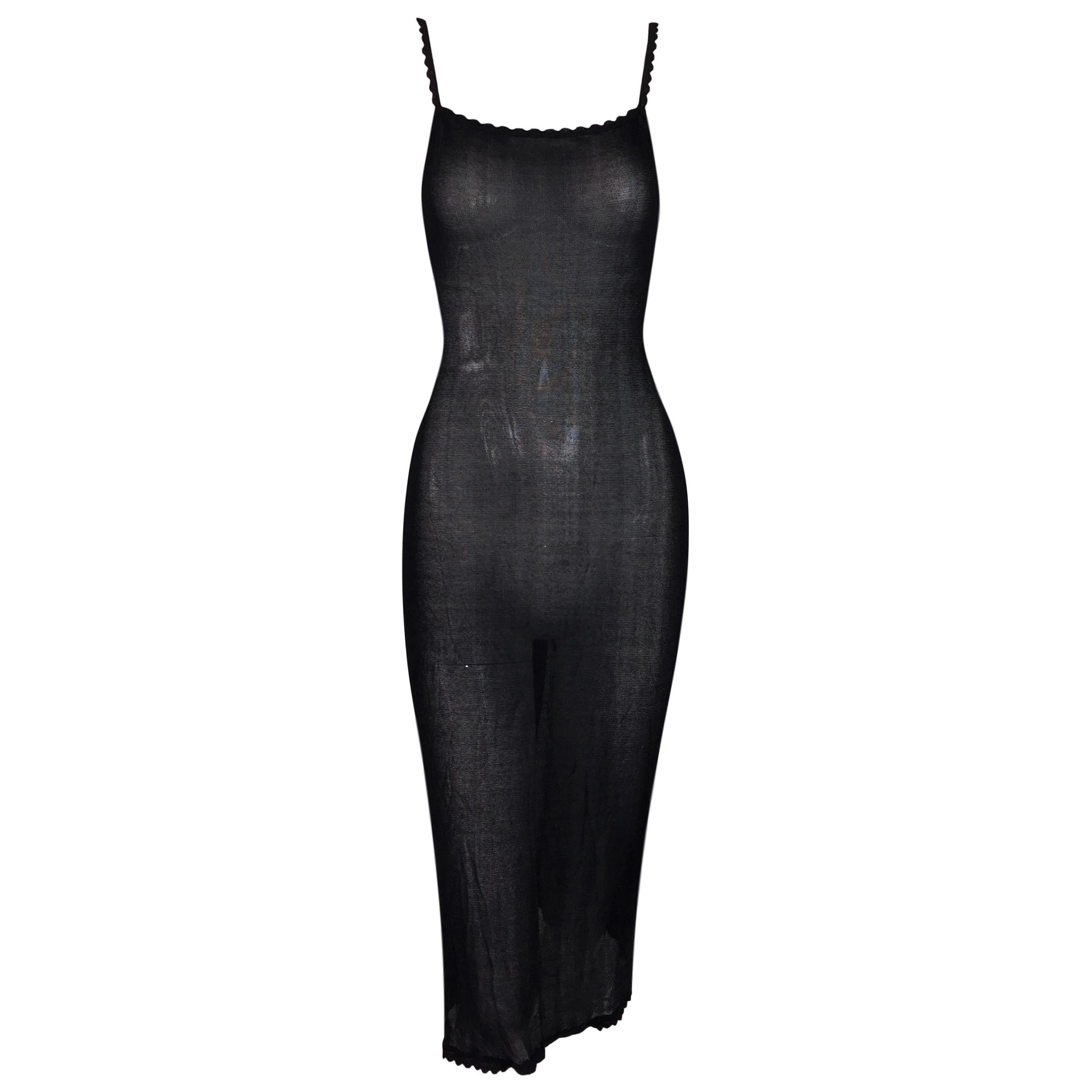 2000's Christian Dior by John Galliano Sheer Black Knit Slip Midi Dress
