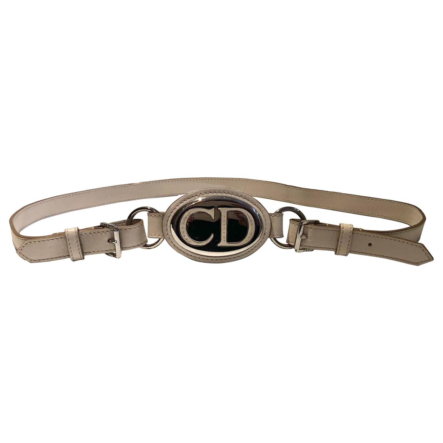 2000s Christian Dior CD Logo White Leather High Waist Belt 