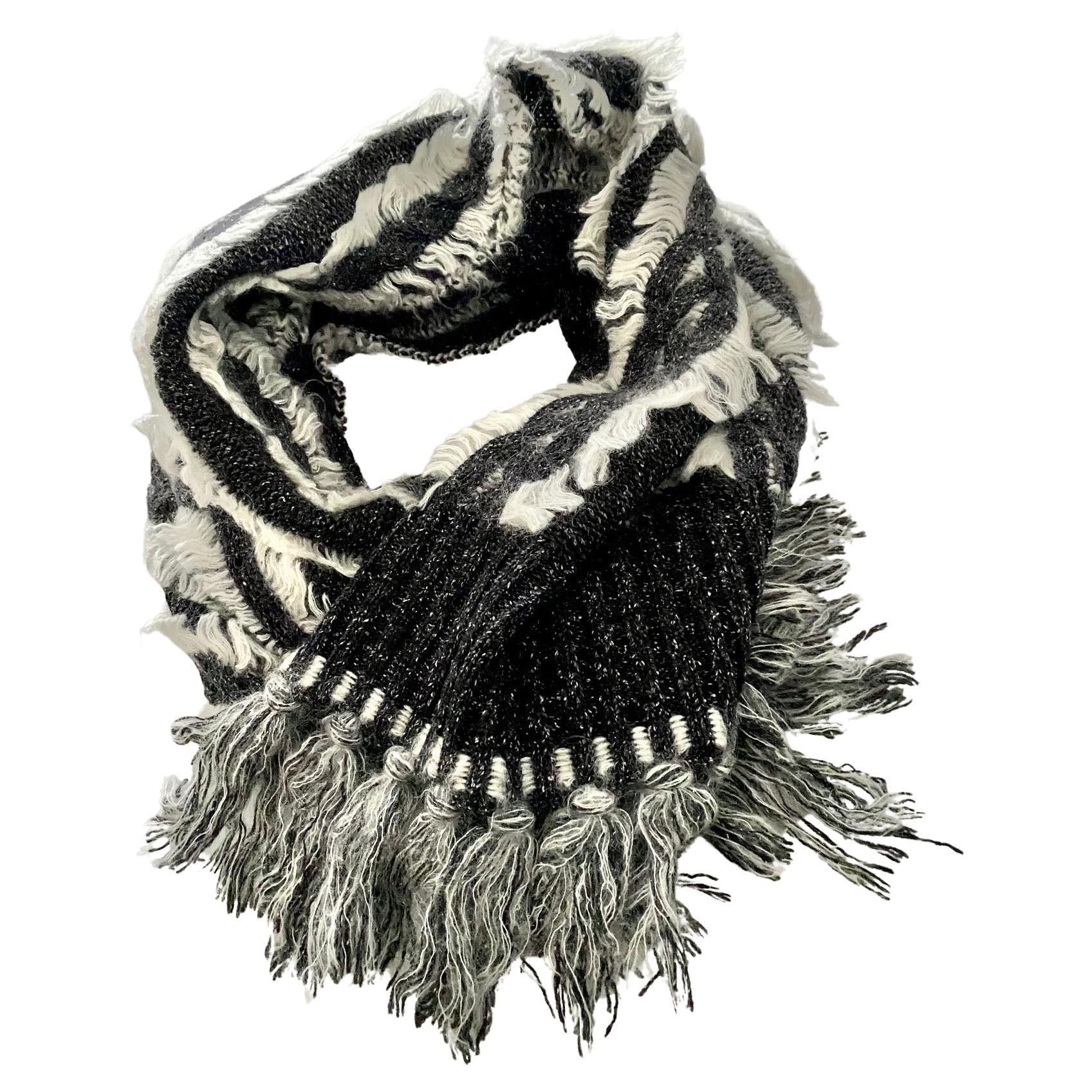 2000s Christian Dior Geometric Chunky Wool Knitted, Scarf Shawl, black and white wool, fringes, Made in Italy, this classic, timeless design is not only fashionable, but also crafted from luxurious wool to keep you warm and cozy in cooler weather