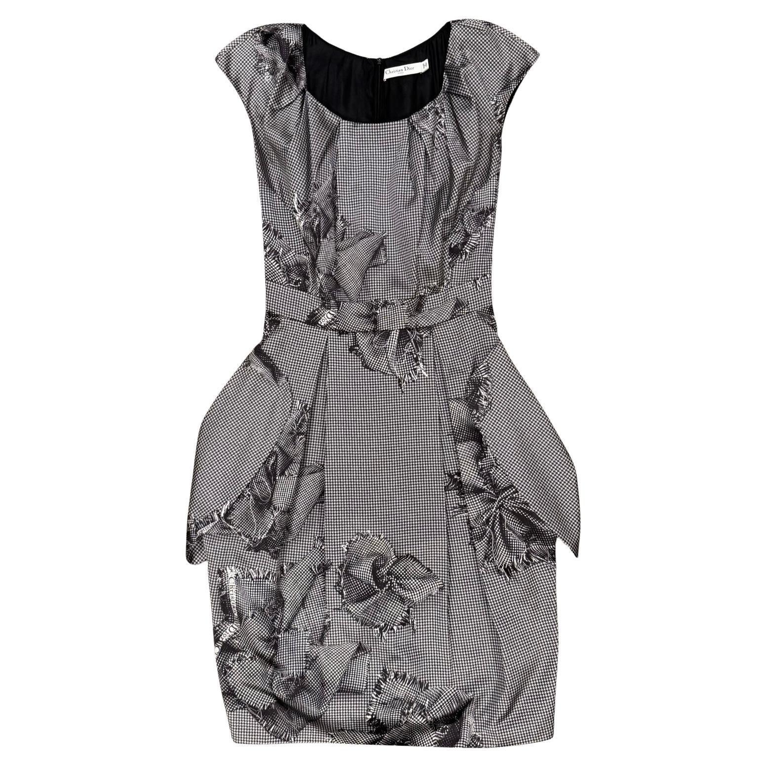 2000s Christian Dior Houndstooth silk dress with floral Appliqué