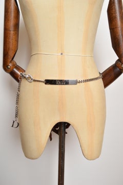 2000s Christian Dior John Galliano Rhinestone Chrome Dog Tag Leather Waist Belt
