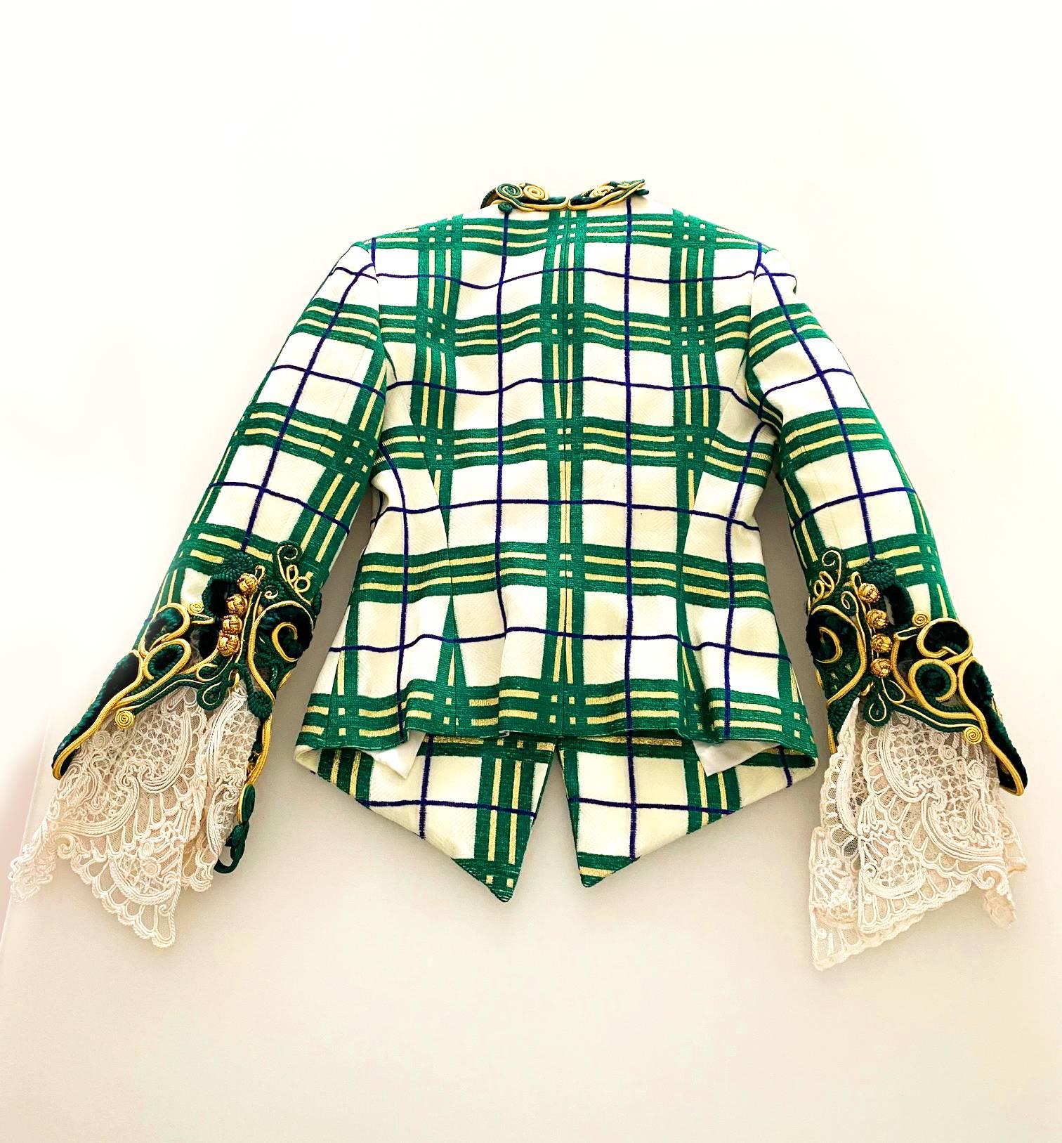 This spectacular blazer from 2000s Dior features a green tartar and gold strip print on white background on dark blue stripes, Rococo style sleeves, gold cord detailing combined with green velvet embellish over the cuffs, front button closure,