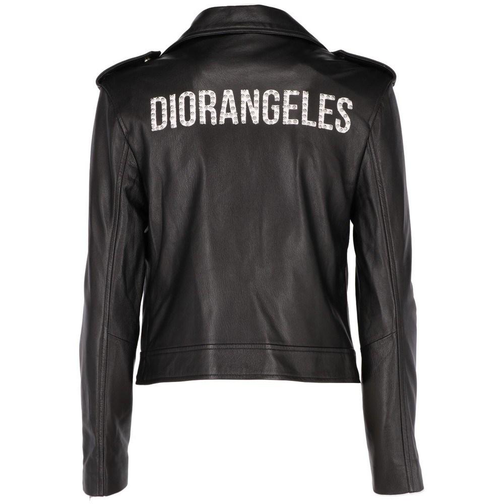 Christian Dior black leather biker jacket.
Lapel collar, front off-center zip fastening, two zip pockets and one with press stud. Zipped cuffs. Rear white “Diorangels” print with decorative metallic tiny studs.

Size: M

Flat measurements
Height: 55