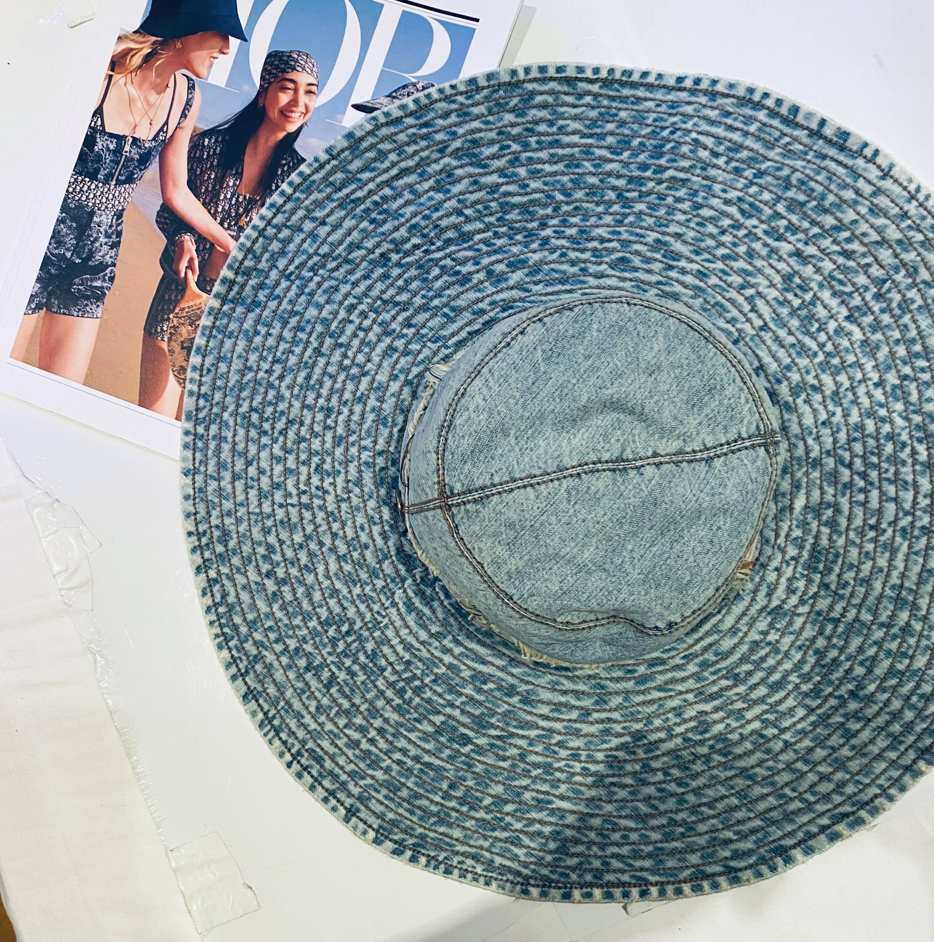 Gray 2000s Christian Dior Washed Out Denim Wide Sun Hat  For Sale