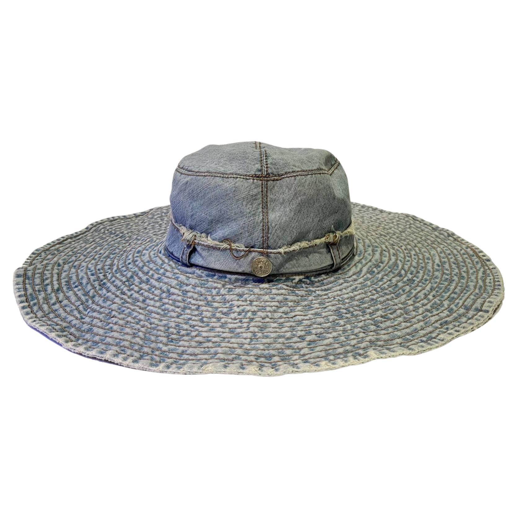 2000s Christian Dior Washed Out Denim Wide Sun Hat 