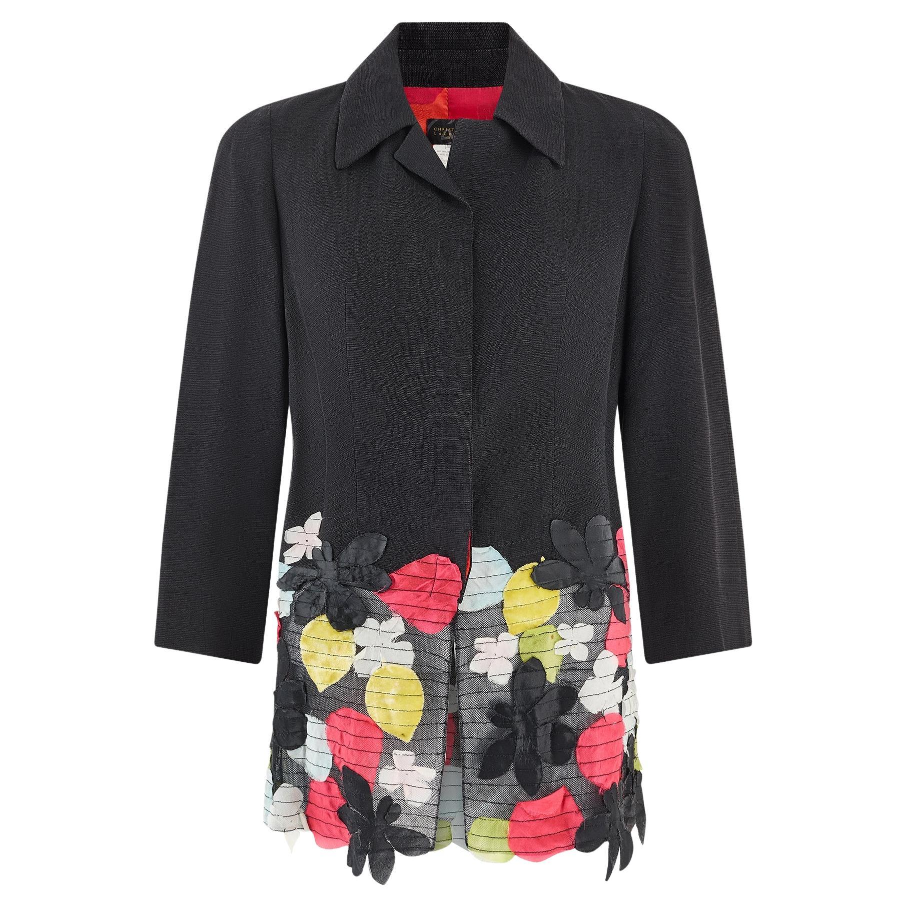 2000s Christian Lacroix Black Linen Flax Jacket with Applique Flowers