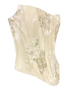 Christian Lacroix Bridal anni 2000, top senza spalline in raso floreale bianco sporco, top con corsetto