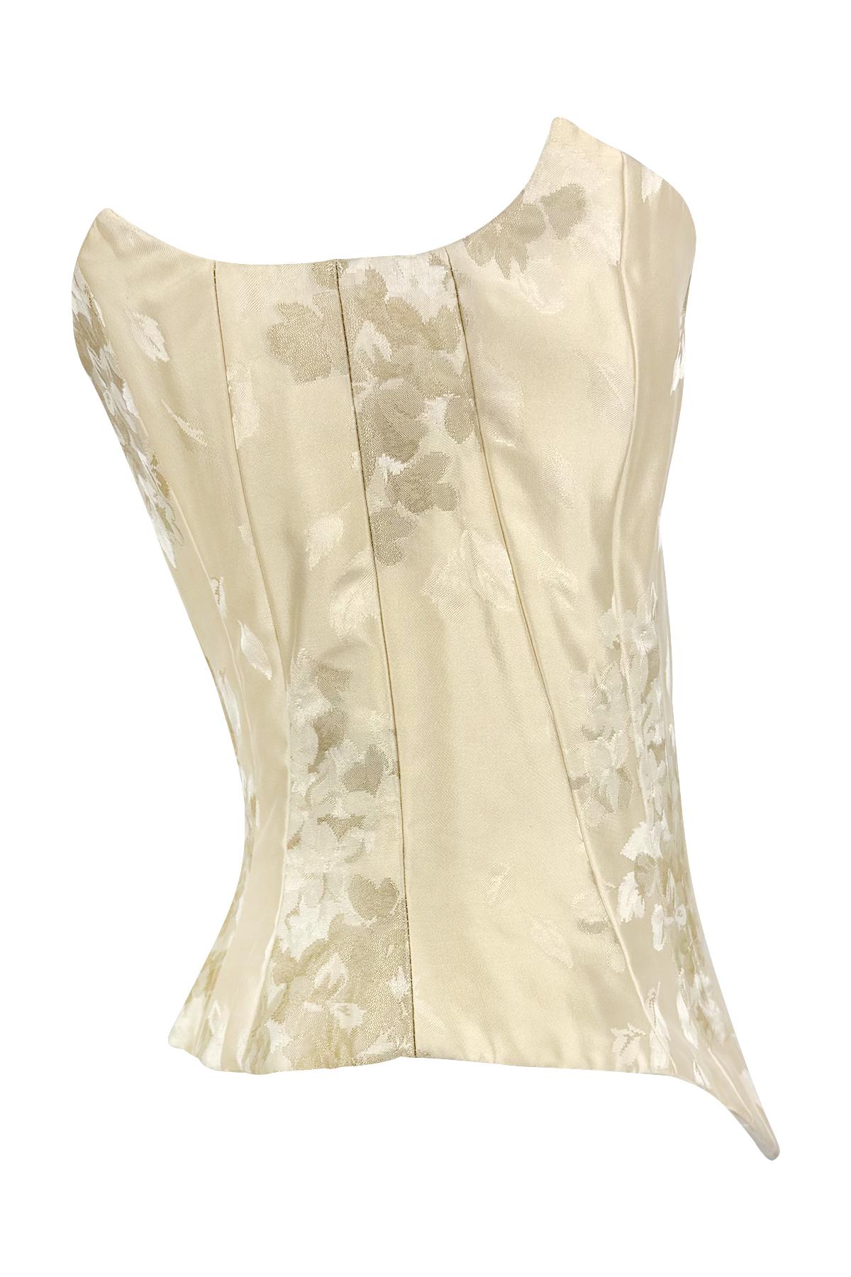 Beige 2000s Christian Lacroix Bridal Off-White Floral Satin Strapless Corset Top For Sale
