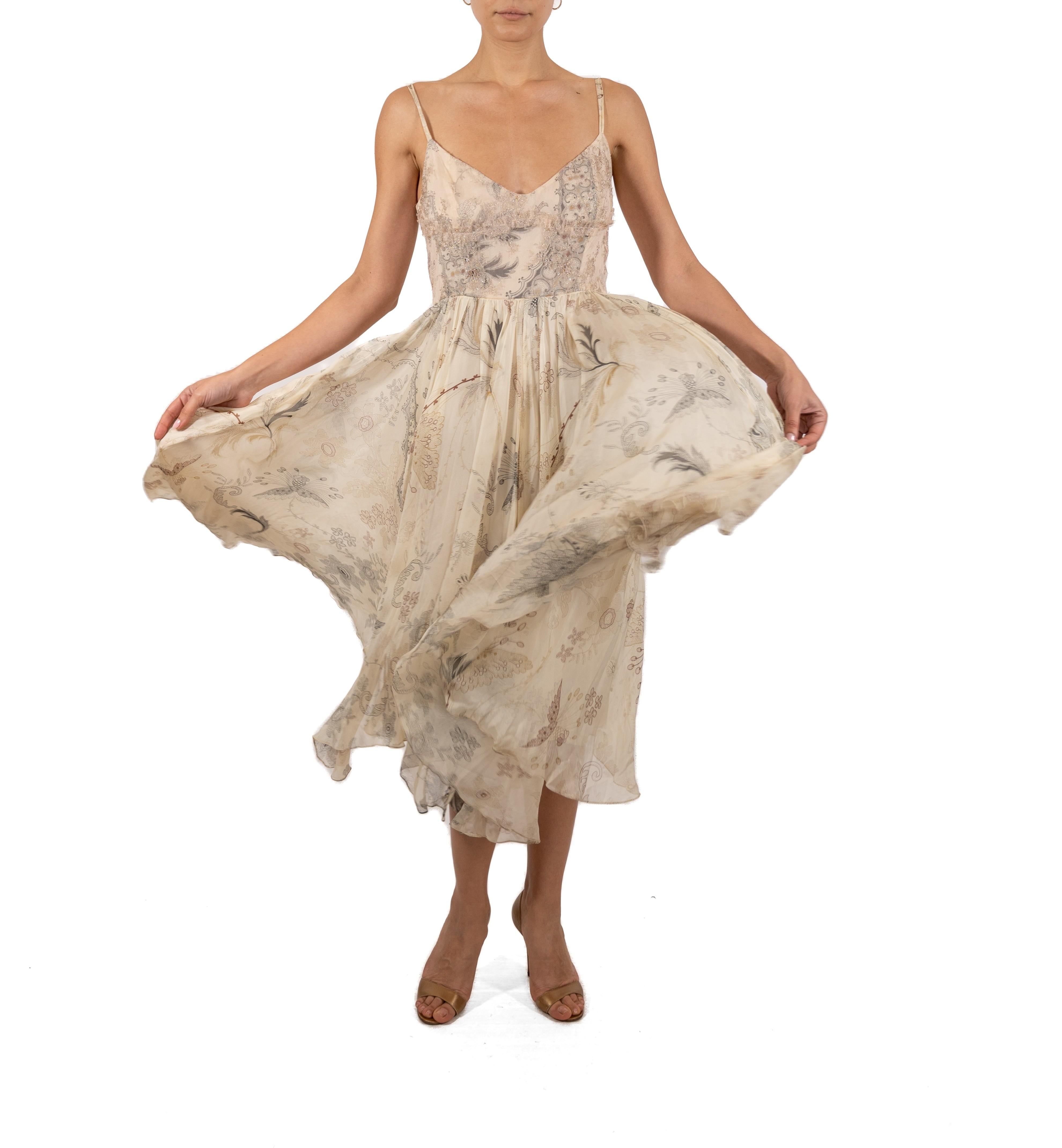 Brown 2000S Christian Lacroix Champagne Metallic Silk Chiffon & Lace Dress For Sale