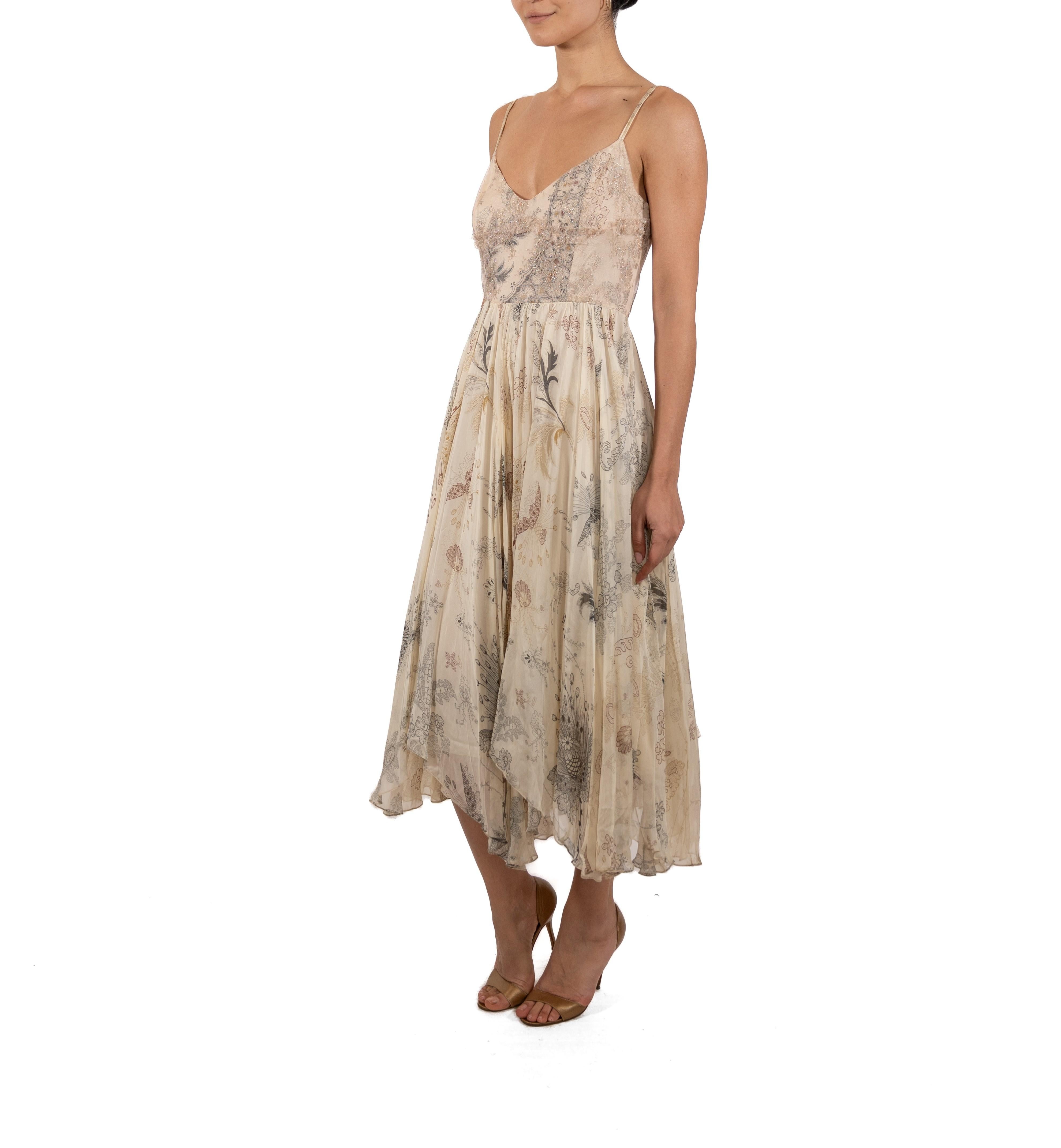 2000S Christian Lacroix Champagne Metallic Silk Chiffon & Lace Dress In Good Condition For Sale In New York, NY