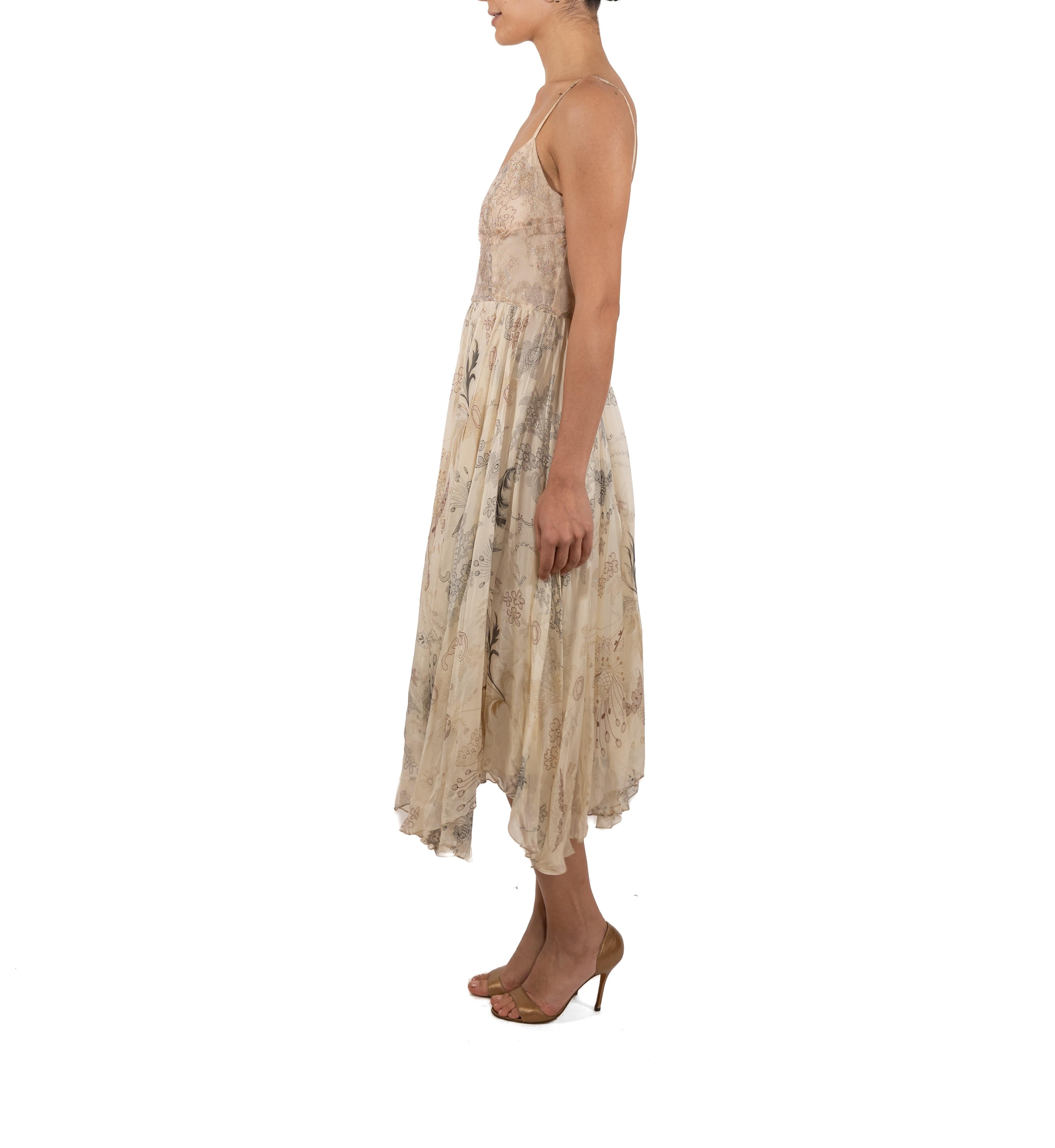 Women's 2000S Christian Lacroix Champagne Metallic Silk Chiffon & Lace Dress For Sale