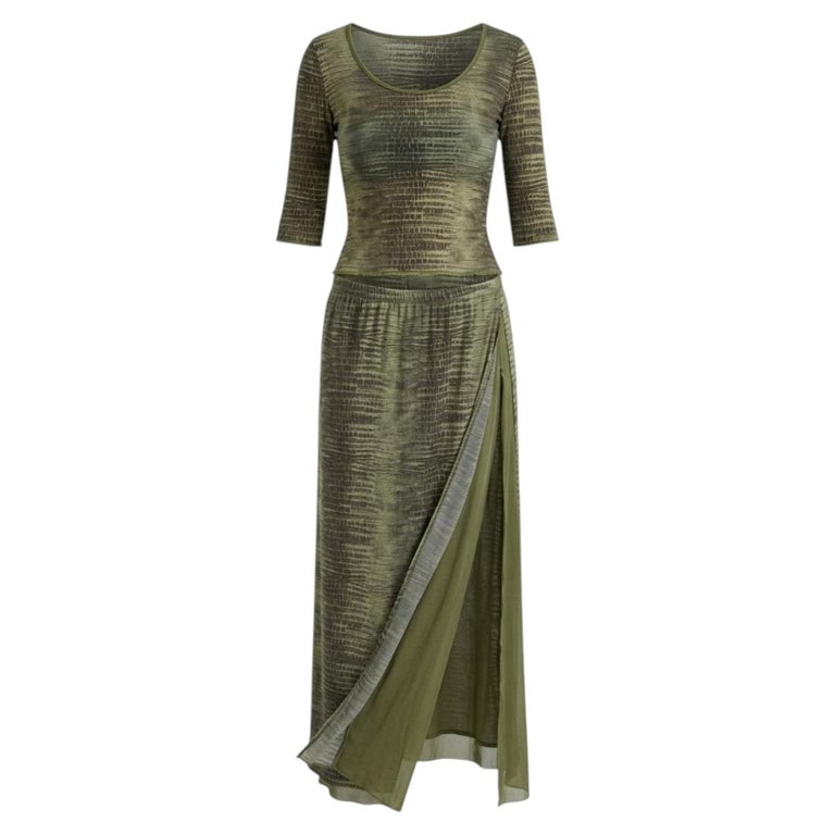 S/S2001 Class Roberto Cavalli Green Crocodile Print Mesh Top and Wrap Skirt  Set For Sale at 1stDibs