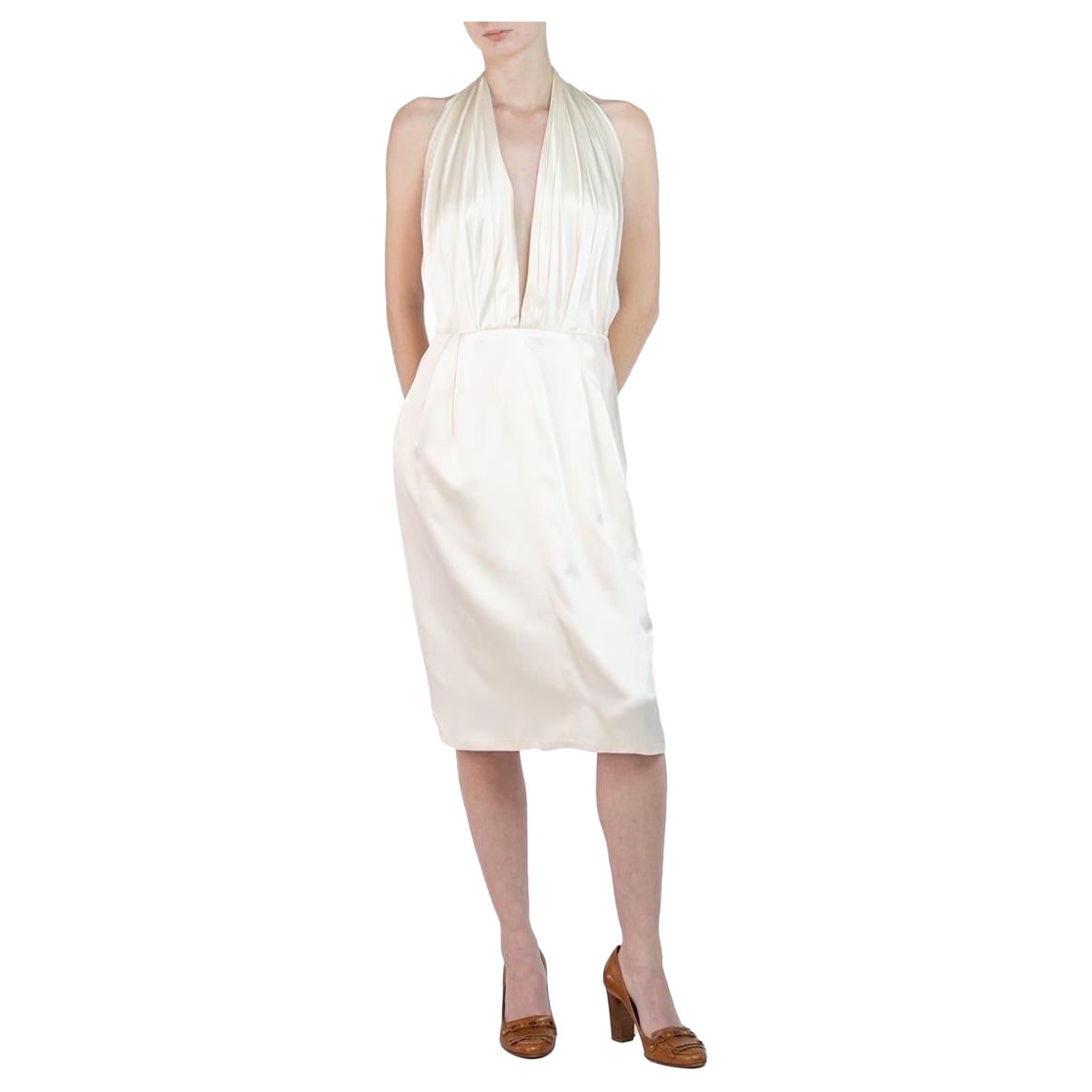 2000S - Robe de cocktail en charmeuse et mousseline de soie crème