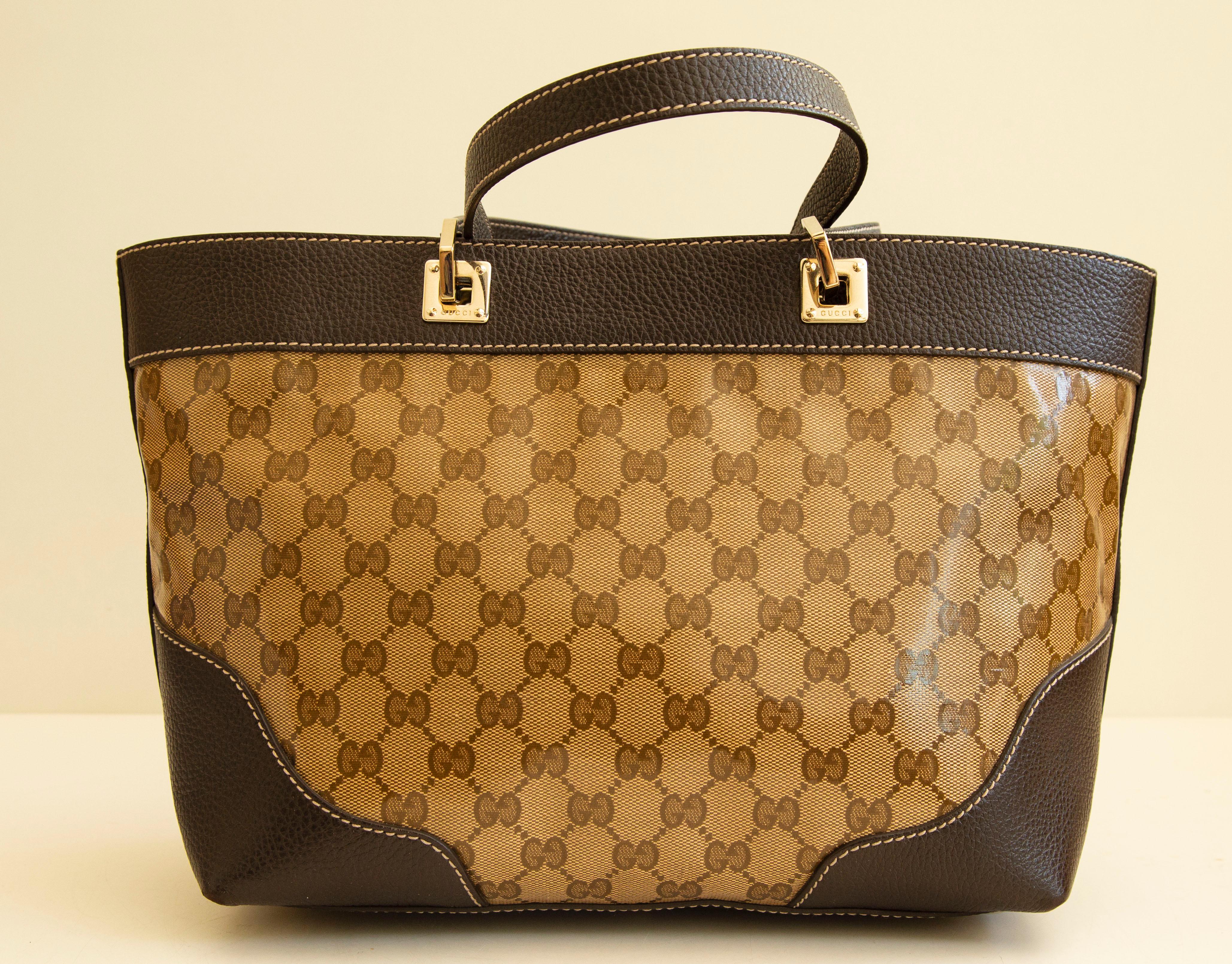 2000s Crystal GG Web  PVC and Brown Leather Tote In Good Condition For Sale In Arnhem, NL