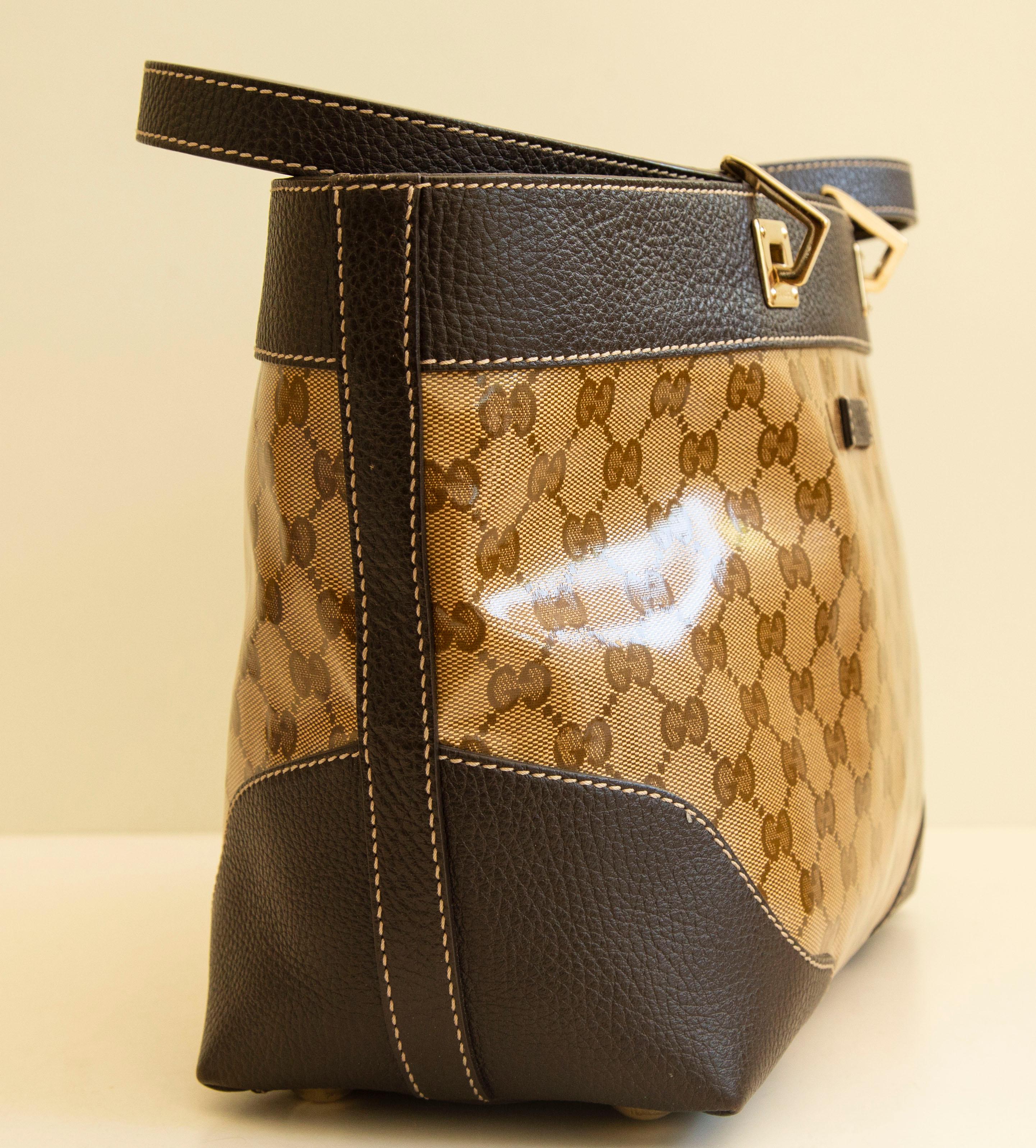 Women's or Men's 2000s Crystal GG Web  PVC and Brown Leather Tote For Sale