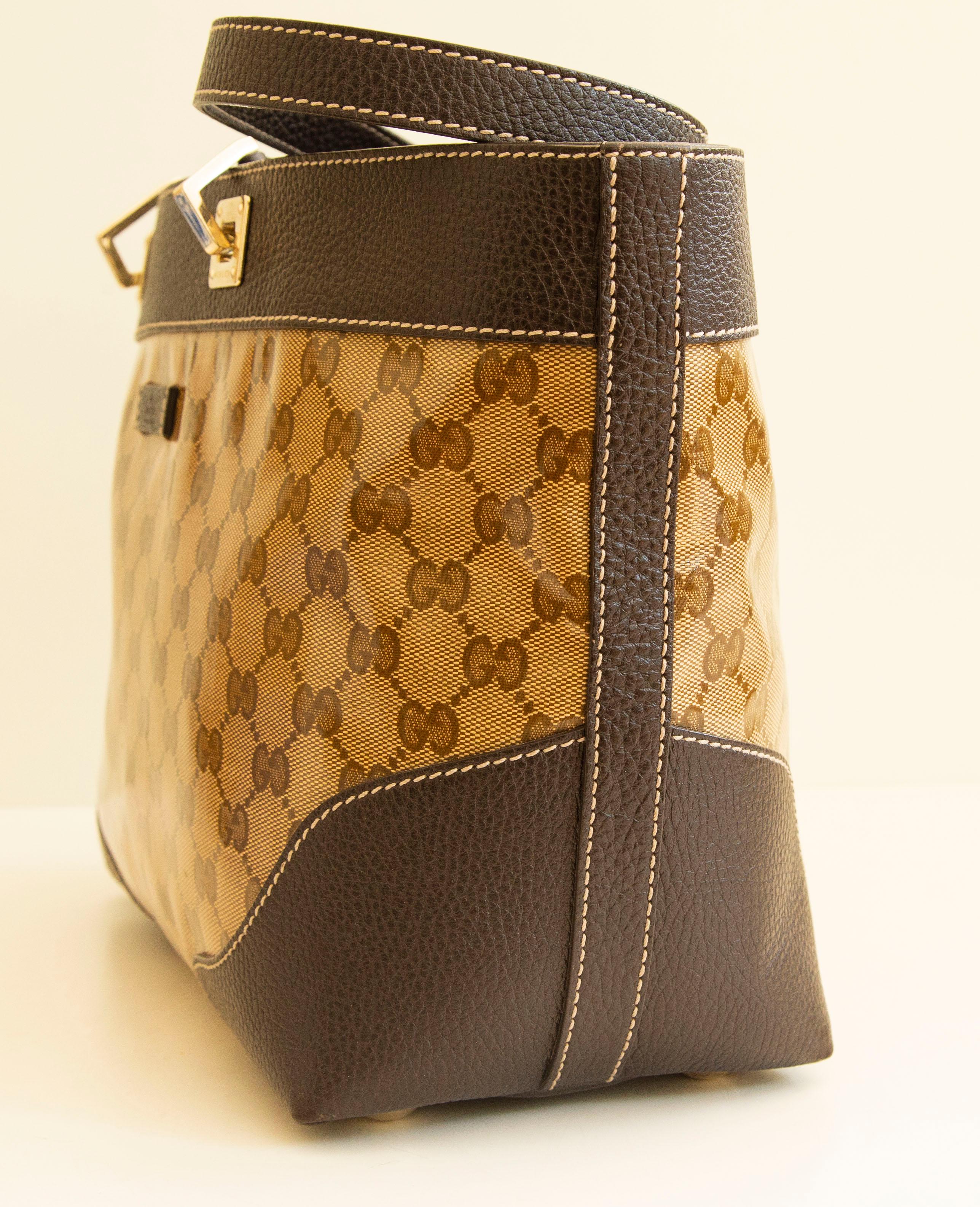 2000s Crystal GG Web  PVC and Brown Leather Tote For Sale 1