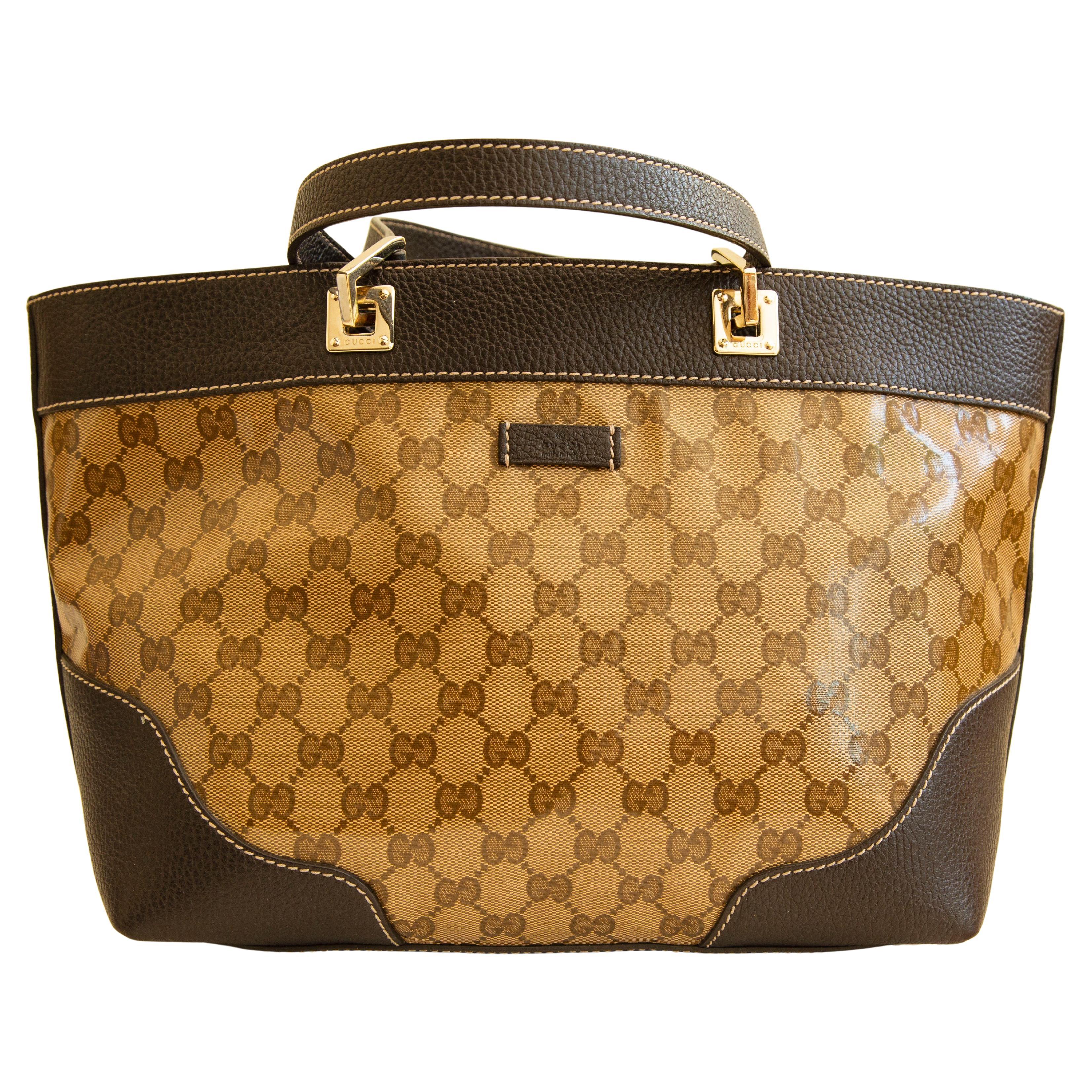 2000s Crystal GG Web  PVC and Brown Leather Tote For Sale
