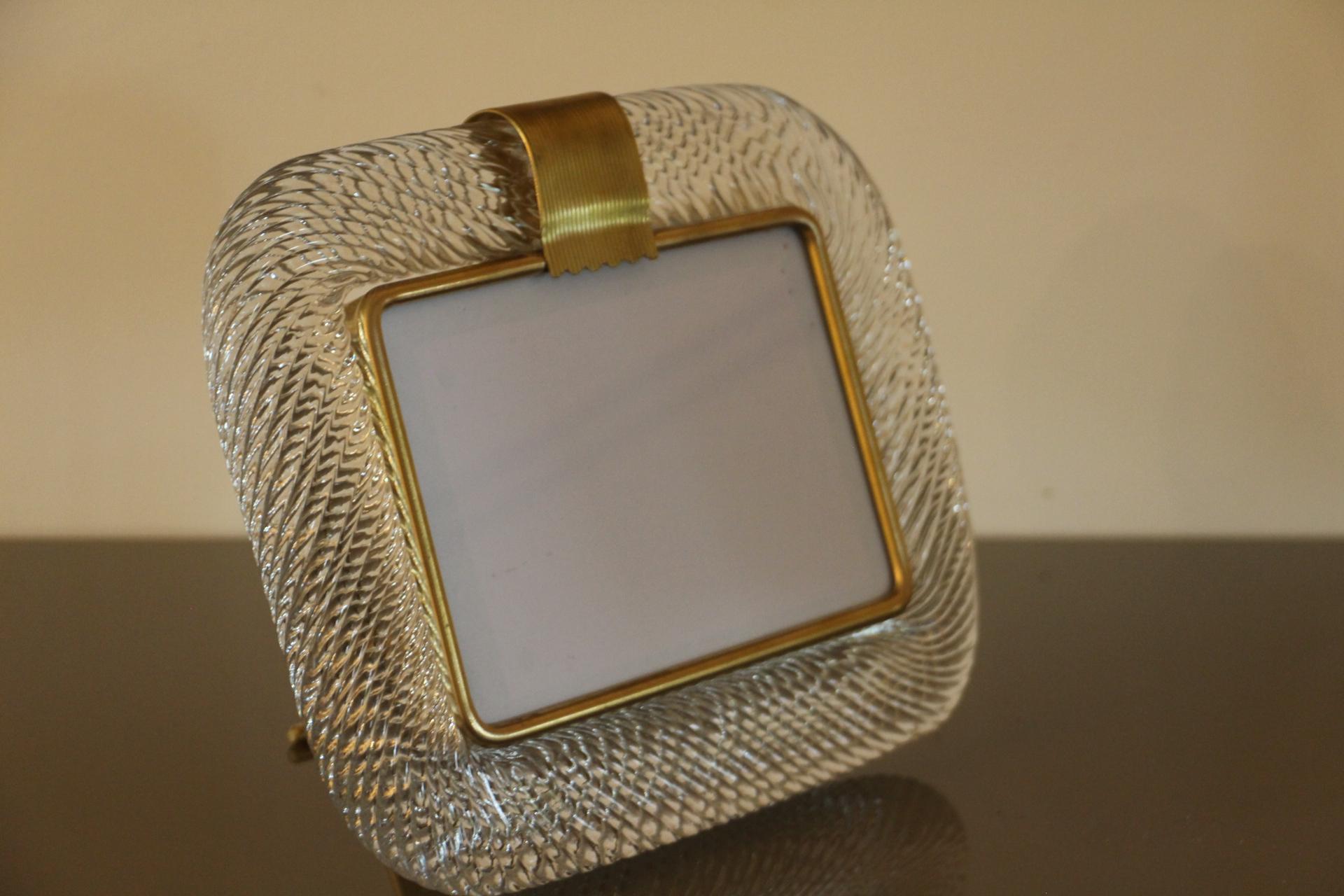 Contemporary 2000's Crystal Twisted Murano Glass and Brass Picture Frame by Barovier e Toso