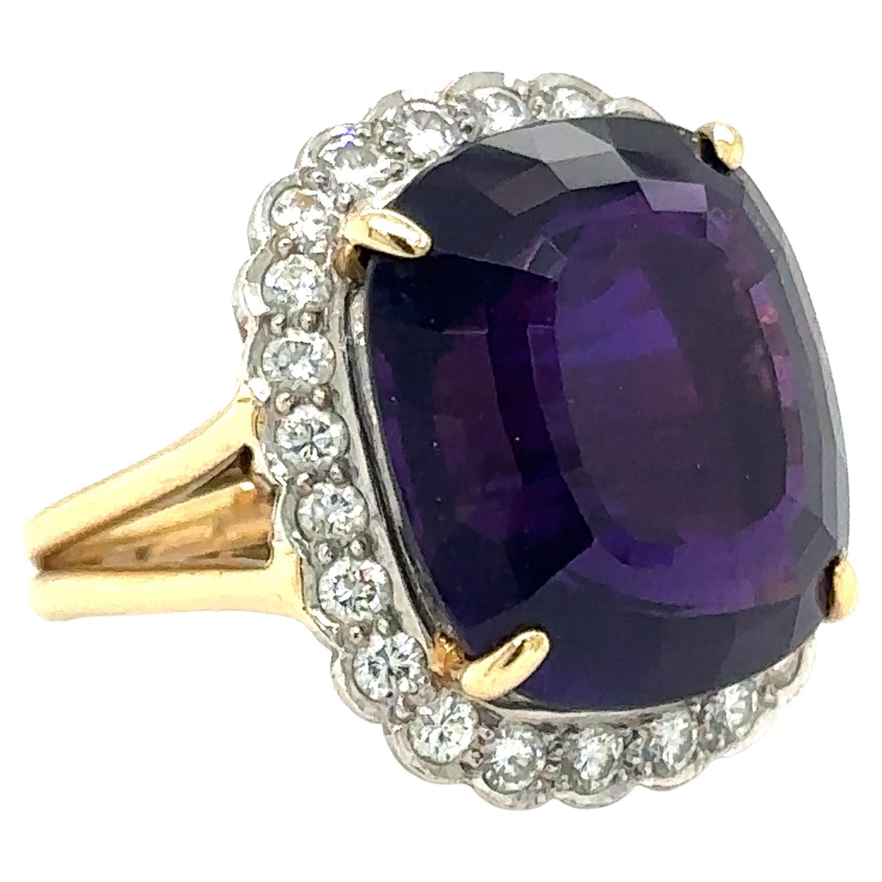 2000s Custom Cut Amethyst and Diamond Ring in 14 Karat Two Tone Gold For Sale
