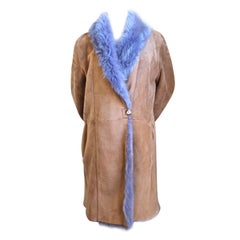 2000's CUSTOM MADE tan & purple reversible shearling coat with fox trim