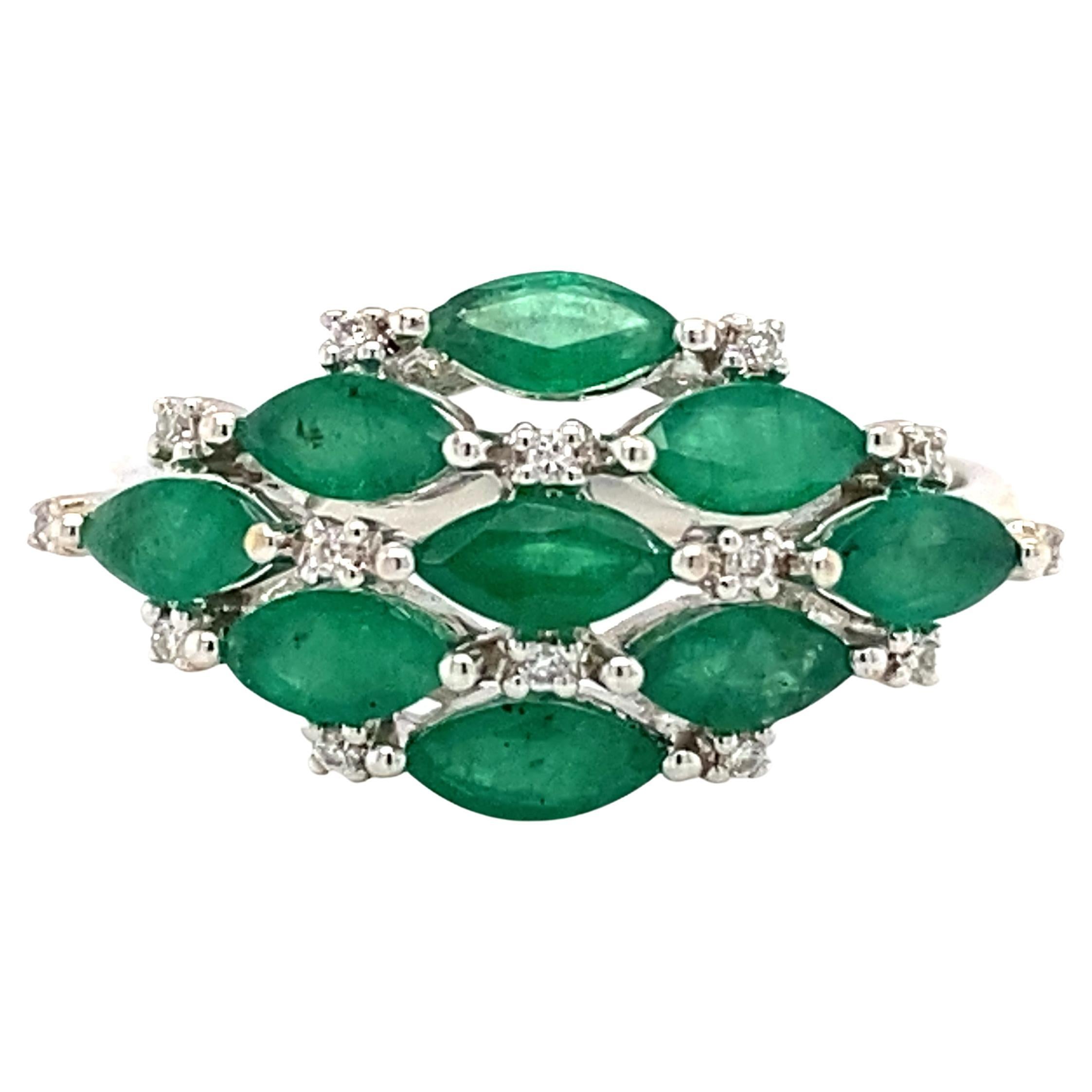 2000s Damas Jewelry Marquise Emerald and Diamond Ring in 18 Karat White Gold For Sale