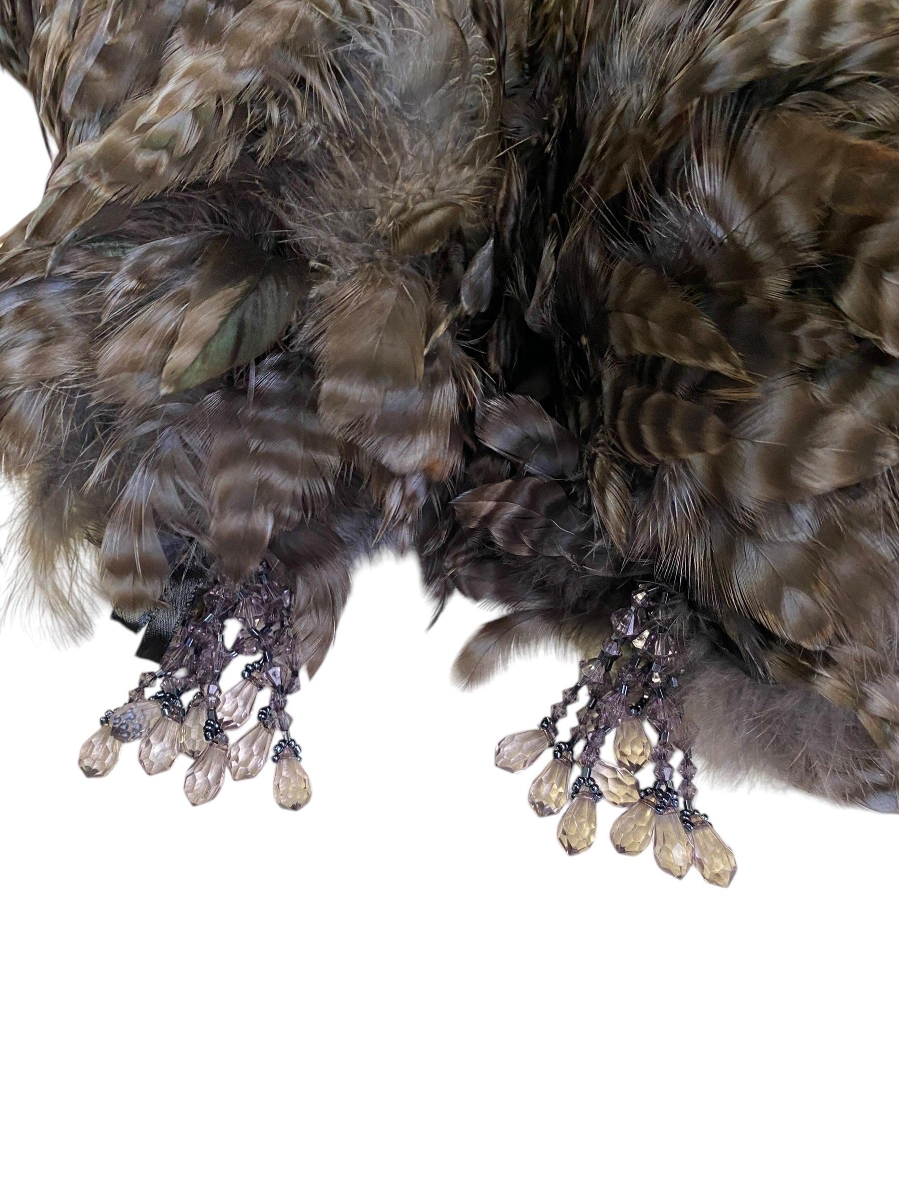 2000s DARK BROWN PHEASANT FEATHERS MAXI SCARF For Sale 3