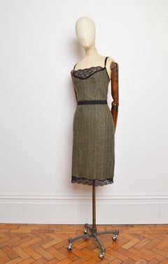2000’s D&G Dolce and Gabbana Green Checkered Tweed and Lace Sexy Slip Dress
