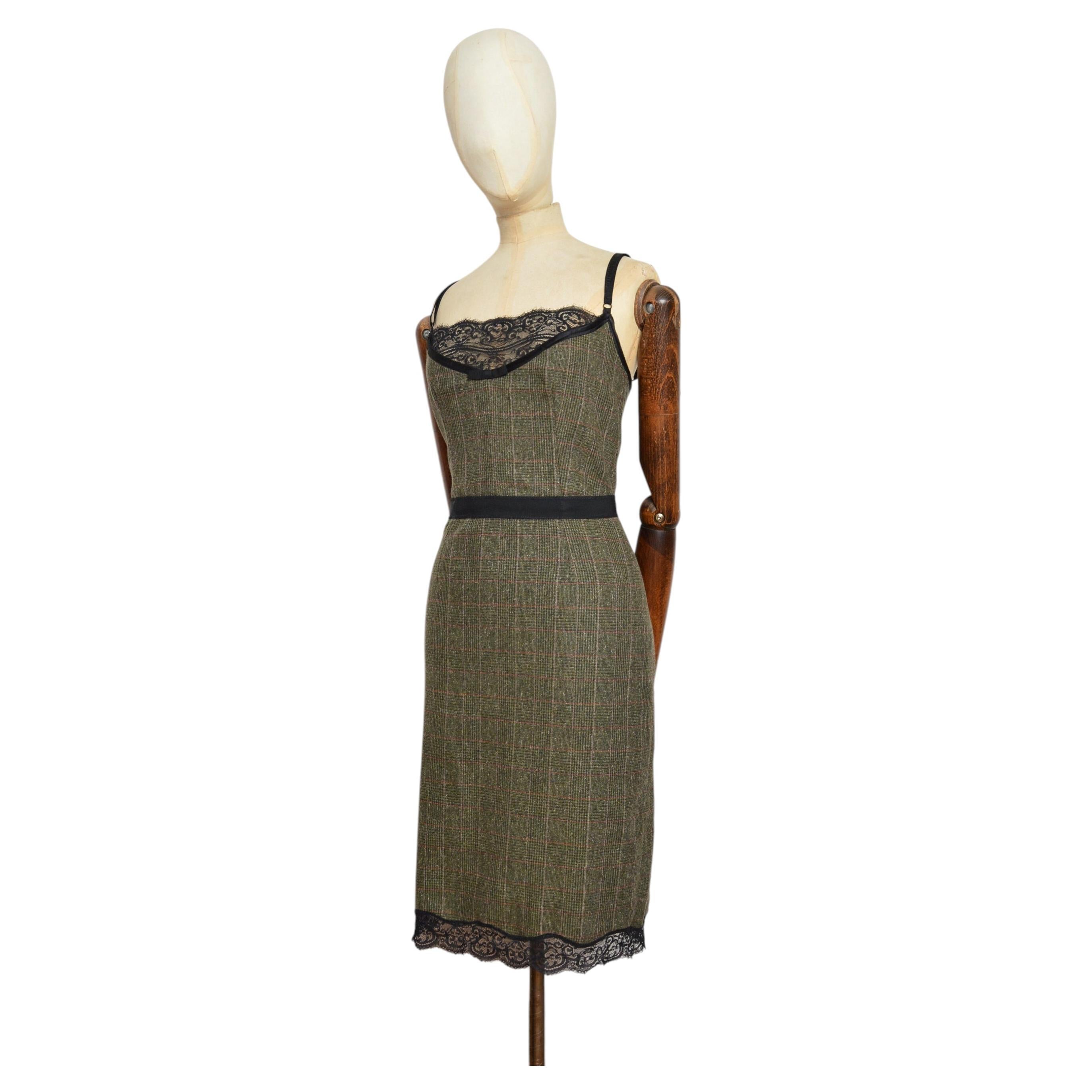 2000’s D&G Dolce and Gabbana Green Checkered Tweed and Lace Sexy Slip Dress For Sale