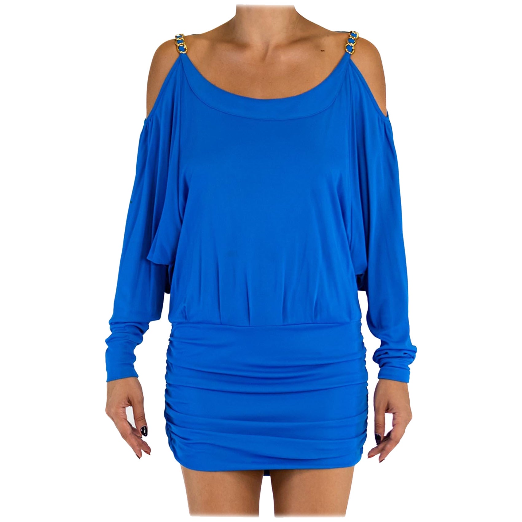 2000S D&G DOLCE 
GABBANA Blue Rayon Jersey Mini Dress With Chain Straps