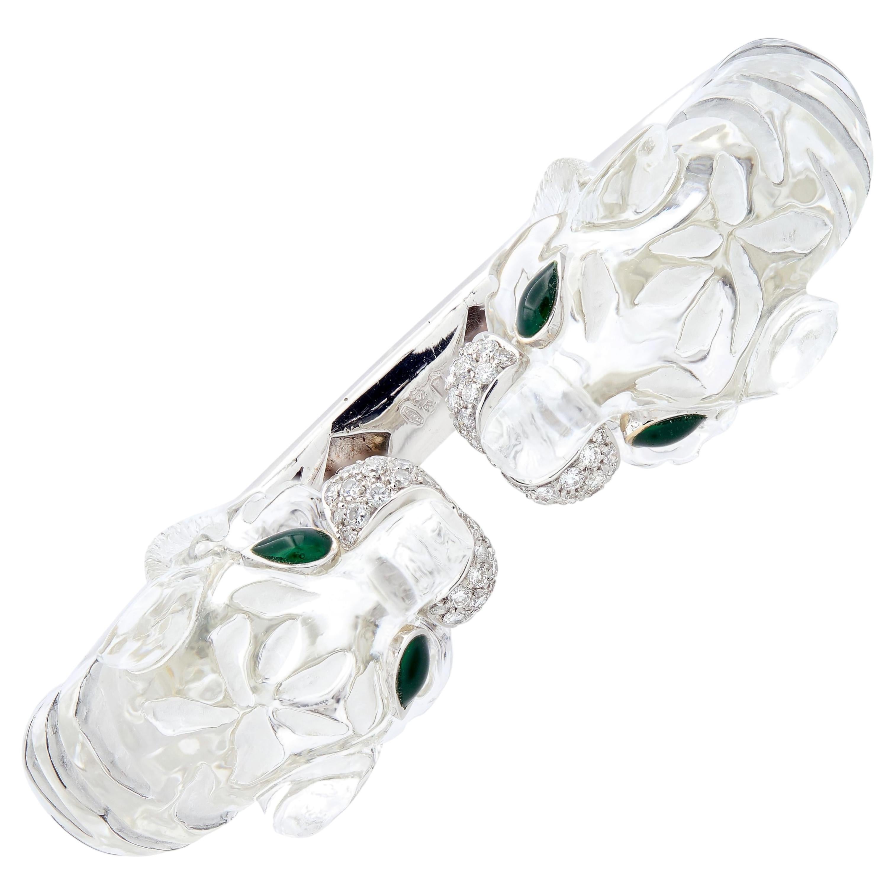 2000's Diamond Emerald Quartz 18K Gold Contemporary Tiger Head Cuff Bracelet For Sale
