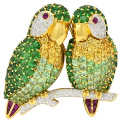 2000er Jahre Diamant Multi-Gem 18 Karat Gelbgold Lovebird Papagei-Brosche mit Diamanten