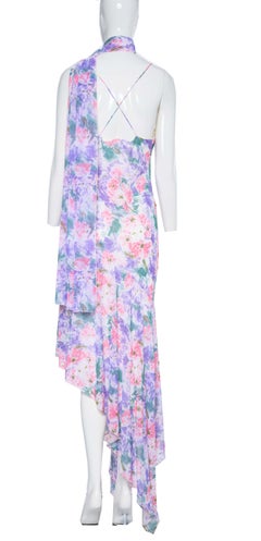 2000s Diane Freis Hand Beaded Floral Print Asymmetric Dress