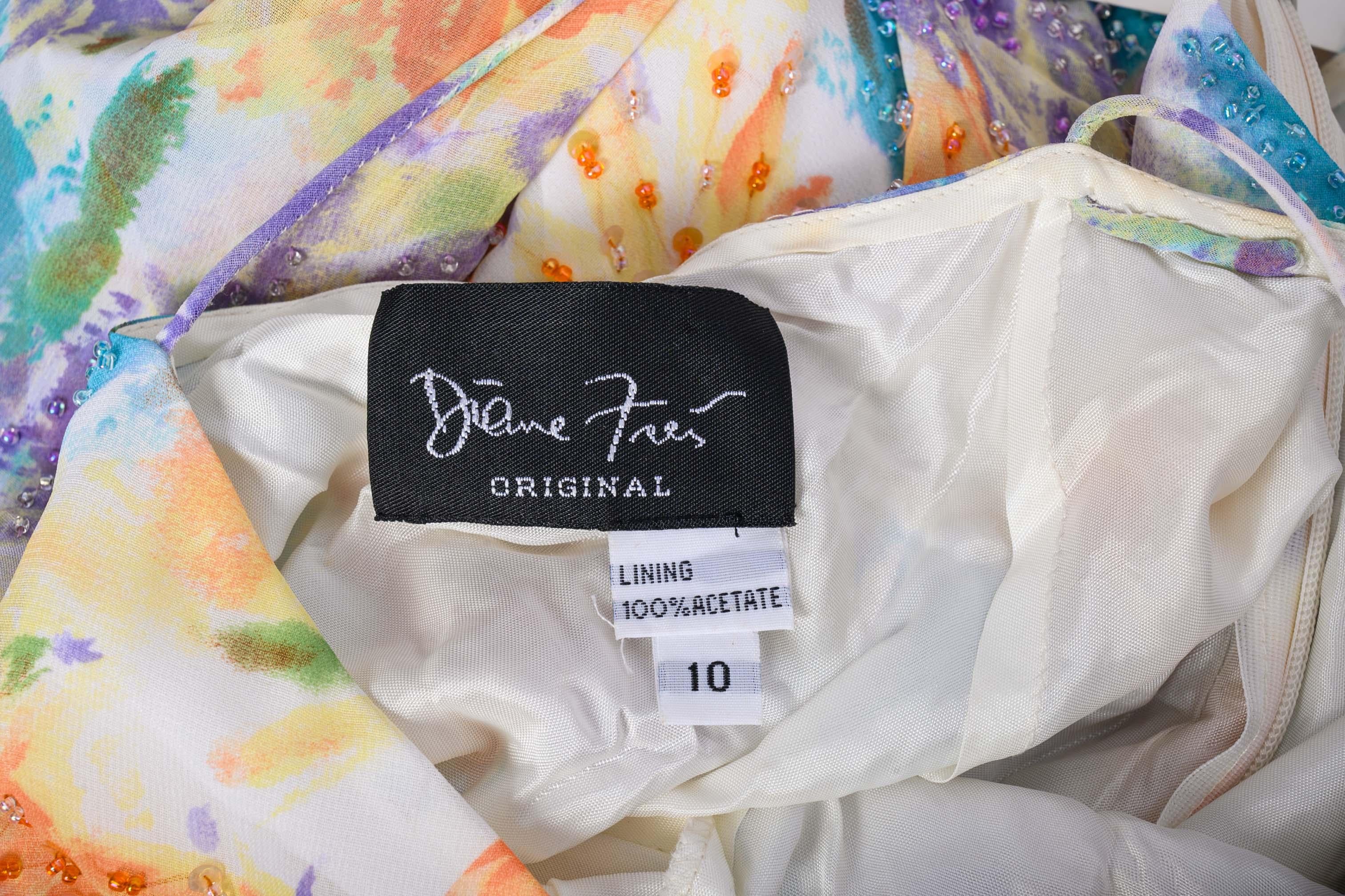 Gray 2000s Diane Freis Hand Beaded Floral Print Asymmetric Dress For Sale