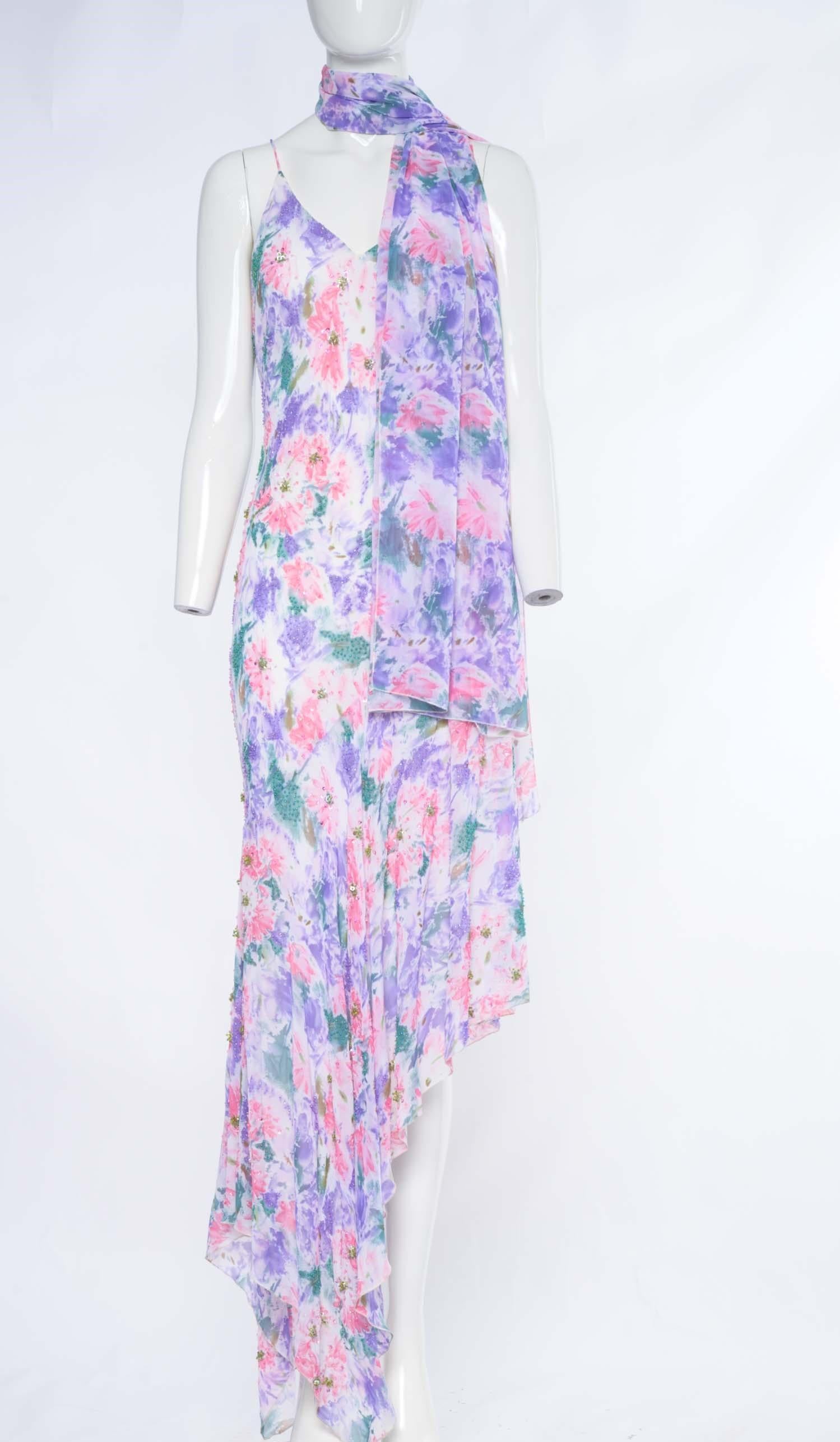 2000s Diane Freis Hand Beaded Floral Print Asymmetric Dress In Excellent Condition For Sale In Hong Kong, HK