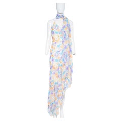 2000s Diane Freis Hand Beaded Floral Print Asymmetric Dress