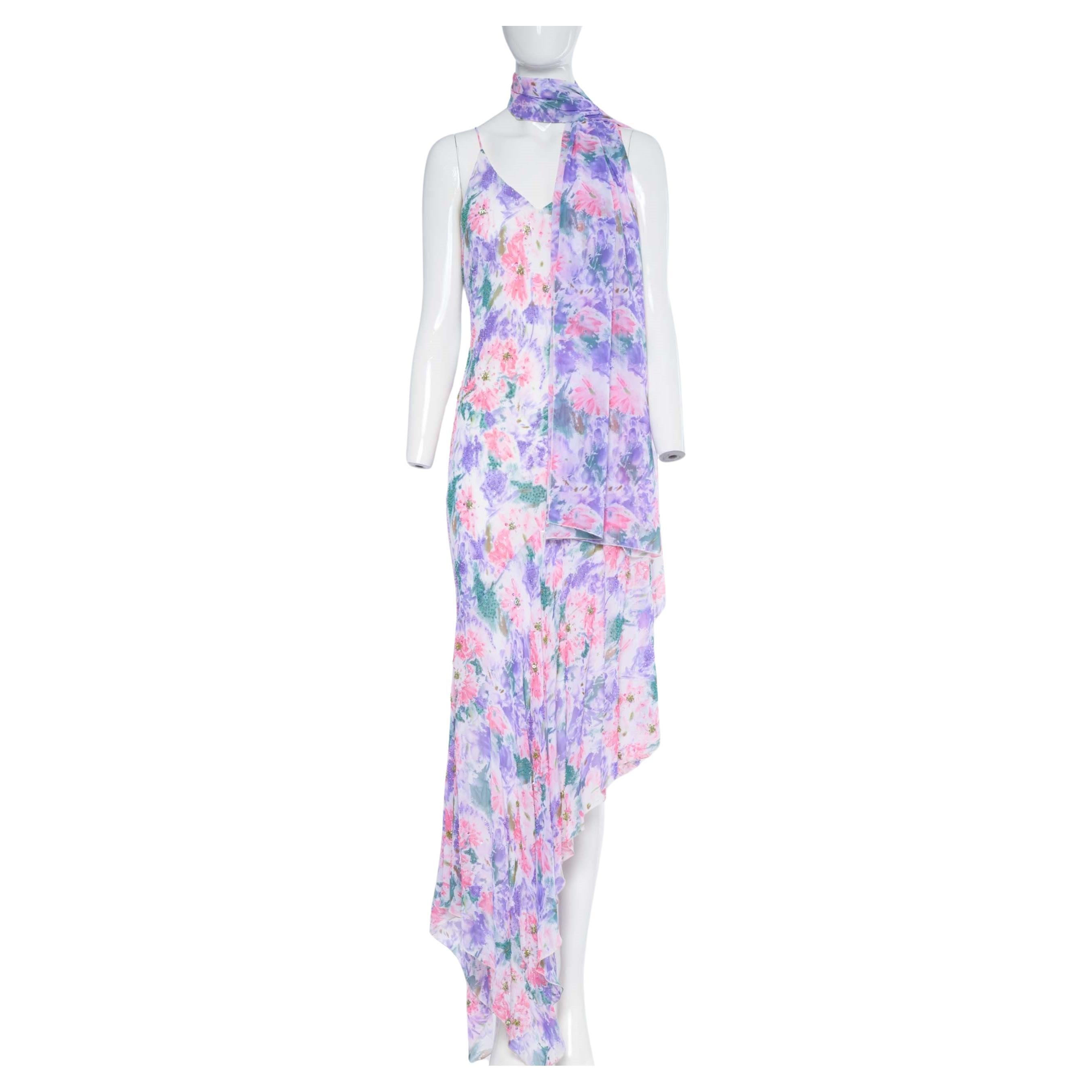 2000s Diane Freis Hand Beaded Floral Print Asymmetric Dress For Sale