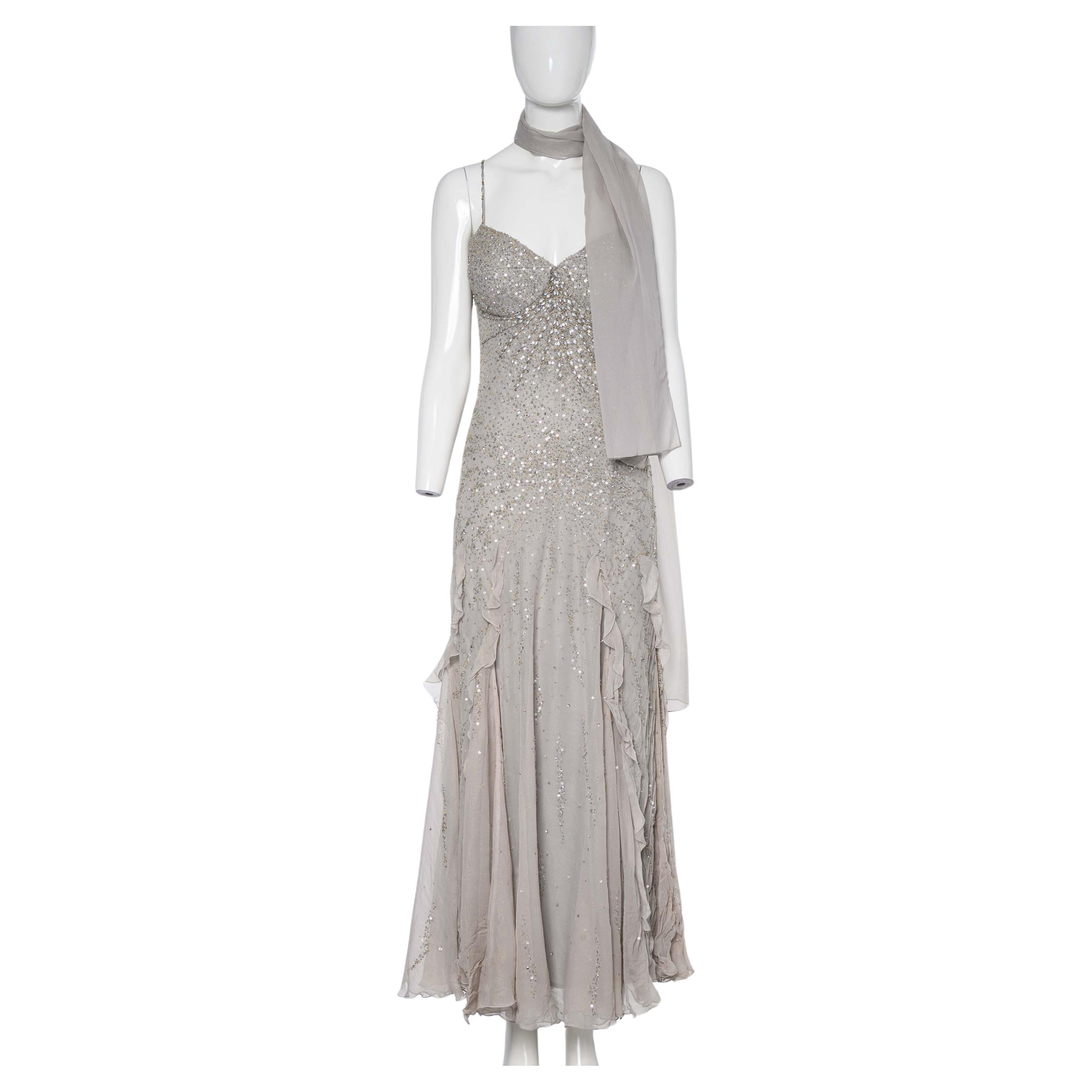 2000s Diane Freis Light Grey Sequinned Evening Dress For Sale