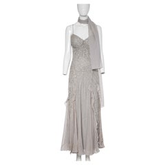 2000s Diane Freis Light Grey Sequinned Evening Dress